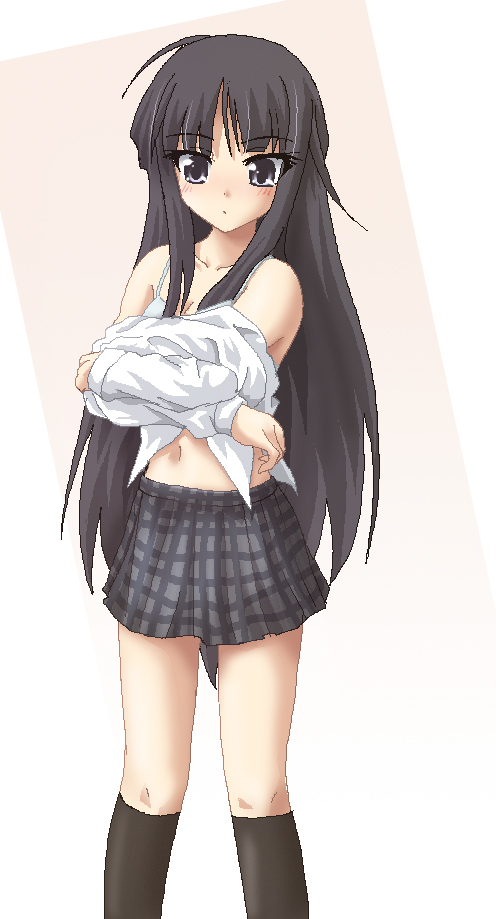 hayashiya zankurou, akiyama mio, k-on!, 00s, 1girl, aged down, black eyes, black hair, bra, female focus, gradient background, lingerie, long hair, oekaki, plaid clothes, plaid skirt, school uniform, skirt, solo, underwear, undressing, very long hair