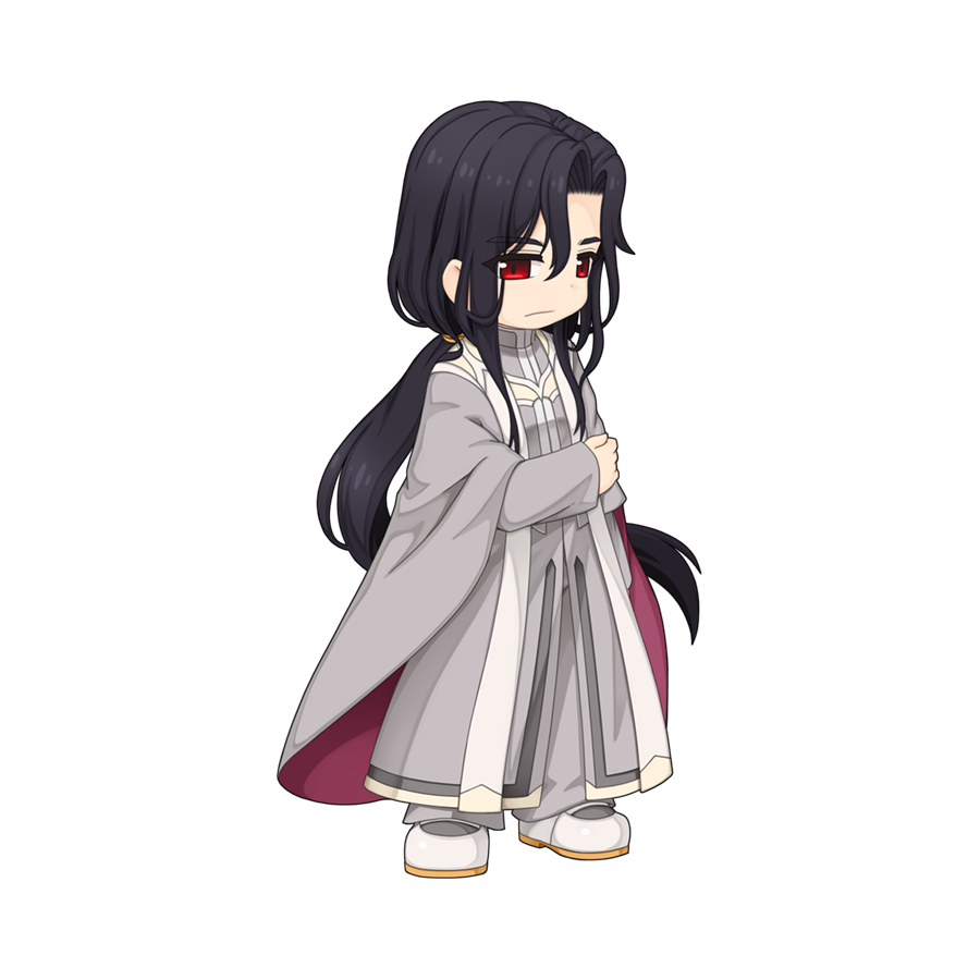 yuichirou, ragnarok online, official art, 1boy, black hair, chibi, chibi only, closed mouth, expressionless, full body, grey robe, long hair, long sleeves, looking at viewer, male focus, red eyes, reinhart lugenberg, robe, shoes, simple background, solo, transparent background, white shoes