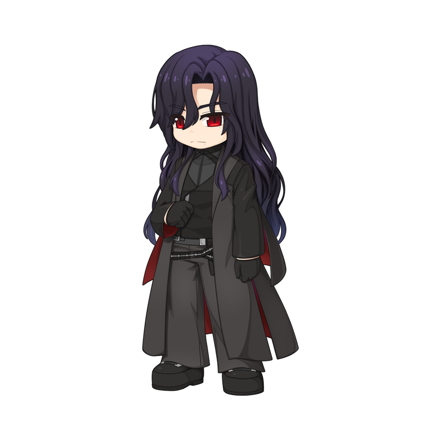 yuichirou, ragnarok online, official art, 1boy, black gloves, black hair, black pants, black vest, chibi, chibi only, closed mouth, coat, expressionless, full body, gloves, grey coat, grey pants, grey shirt, long hair, looking at viewer, male focus, open clothes, open coat, pants, red eyes, shirt, simple background, solo, transparent background, vest, wavy hair, wilhelm lugenberg