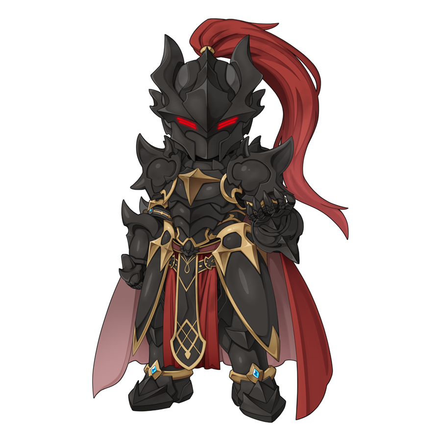 yuichirou, ragnarok online, official art, 1boy, armor, armored boots, black armor, boots, breastplate, bridal gauntlets, cape, chibi, chibi only, full body, galaxia nerius, helm, helmet, knight, looking at viewer, male focus, pauldrons, plume, red cape, shoulder armor, simple background, solo, transparent background