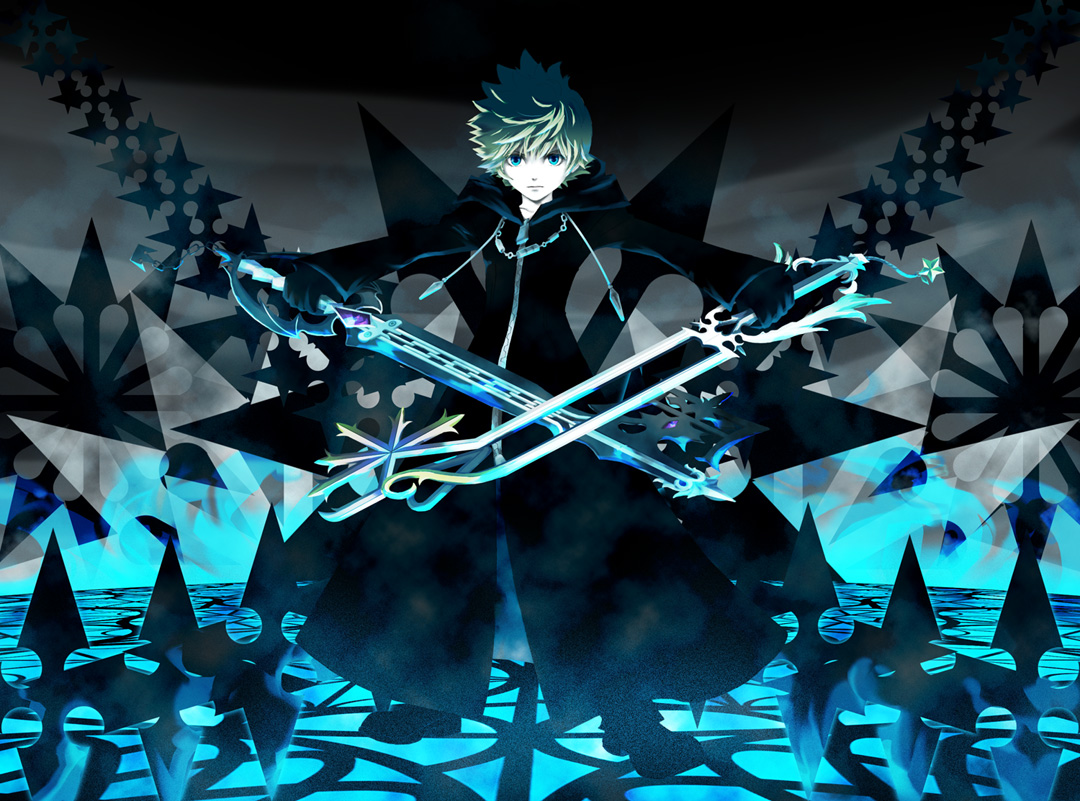 yahotoka, organization xiii, roxas, kingdom hearts, kingdom hearts ii, bad id, bad pixiv id, 1boy, black coat (kingdom hearts), blonde hair, blue eyes, dual wielding, holding, hood, keyblade, male focus, solo, weapon, zipper