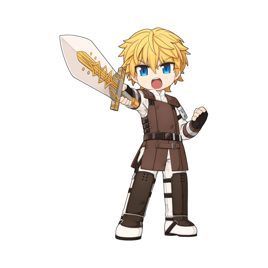 yuichirou, ragnarok online, official art, 1boy, :o, black gloves, blonde hair, blue eyes, brown vest, chibi, chibi only, fingerless gloves, full body, gloves, holding, holding sword, holding weapon, long sleeves, looking at viewer, male focus, open mouth, pants, shin guards, shirt, short hair, simple background, solo, sword, transparent background, tris (ragnarok online), v-shaped eyebrows, vest, weapon, white pants, white shirt