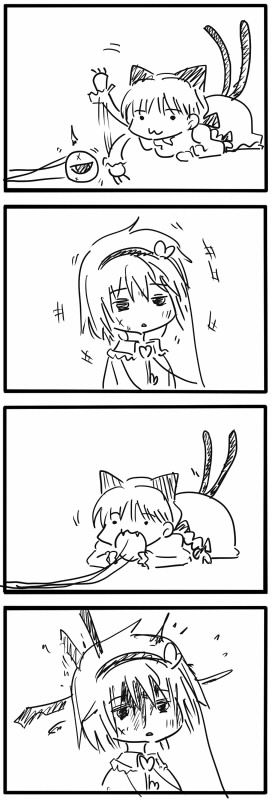 seki (red shine), kaenbyou rin, komeiji satori, touhou, 4koma, animal ears, blood, cat ears, cat girl, cat tail, comic, female focus, greyscale, monochrome, short hair, silent comic, tail