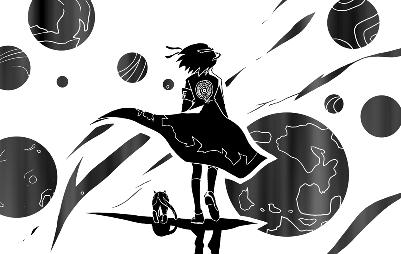 shirono, shamisen (suzumiya haruhi), suzumiya haruhi, suzumiya haruhi no yuuutsu, tengen toppa gurren lagann, 1girl, cape, cat, female focus, greyscale, kneehighs, male focus, minna no peace, monochrome, parody, socks, solo, sos-dan logo