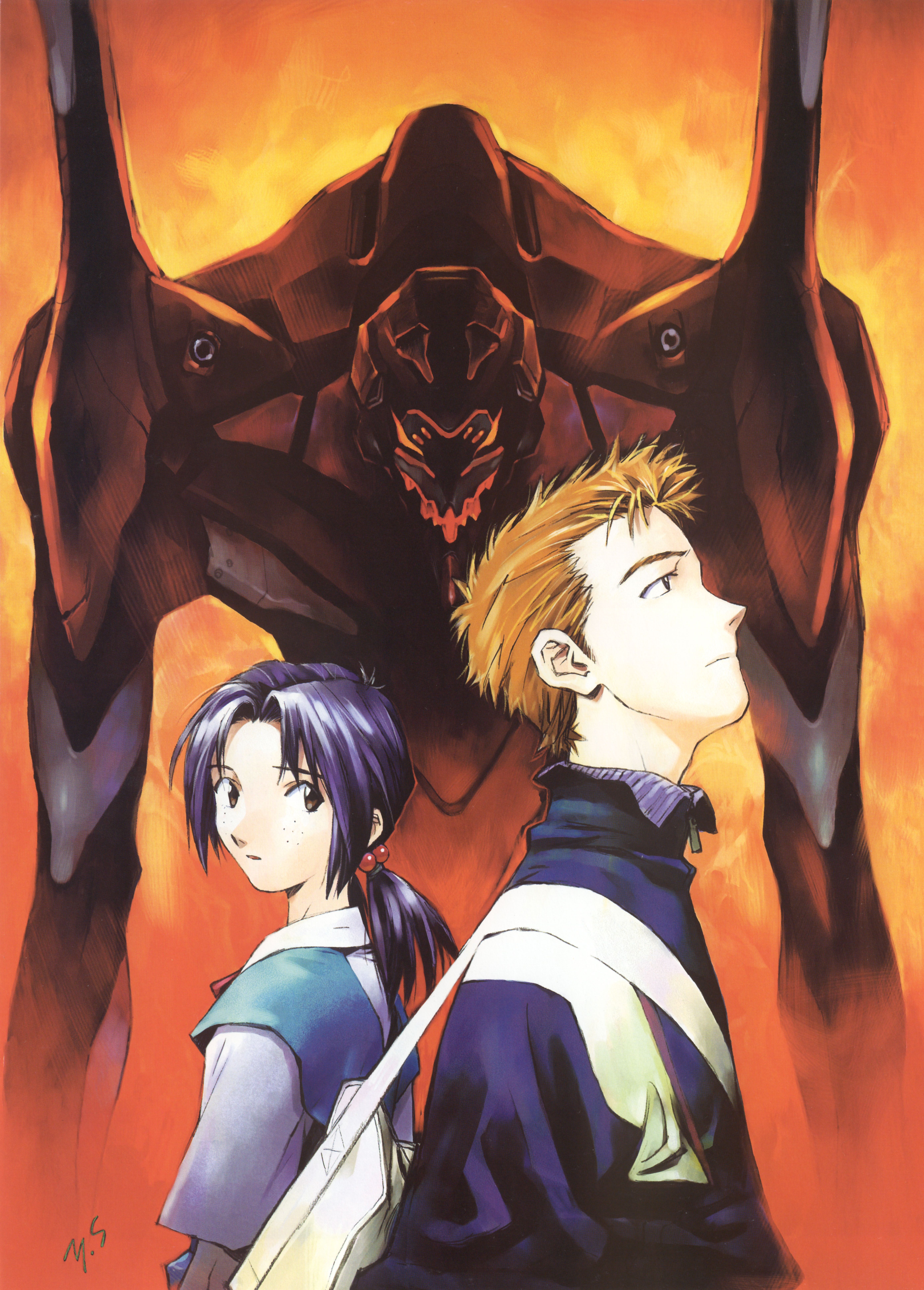 sadamoto yoshiyuki, eva 03, horaki hikari, suzuhara touji, neon genesis evangelion, neon genesis evangelion (manga), absurdres, highres, official art, scan, 1boy, 1girl, back-to-back, bag, freckles, from side, looking back, mecha, robot, school uniform, shoulder bag