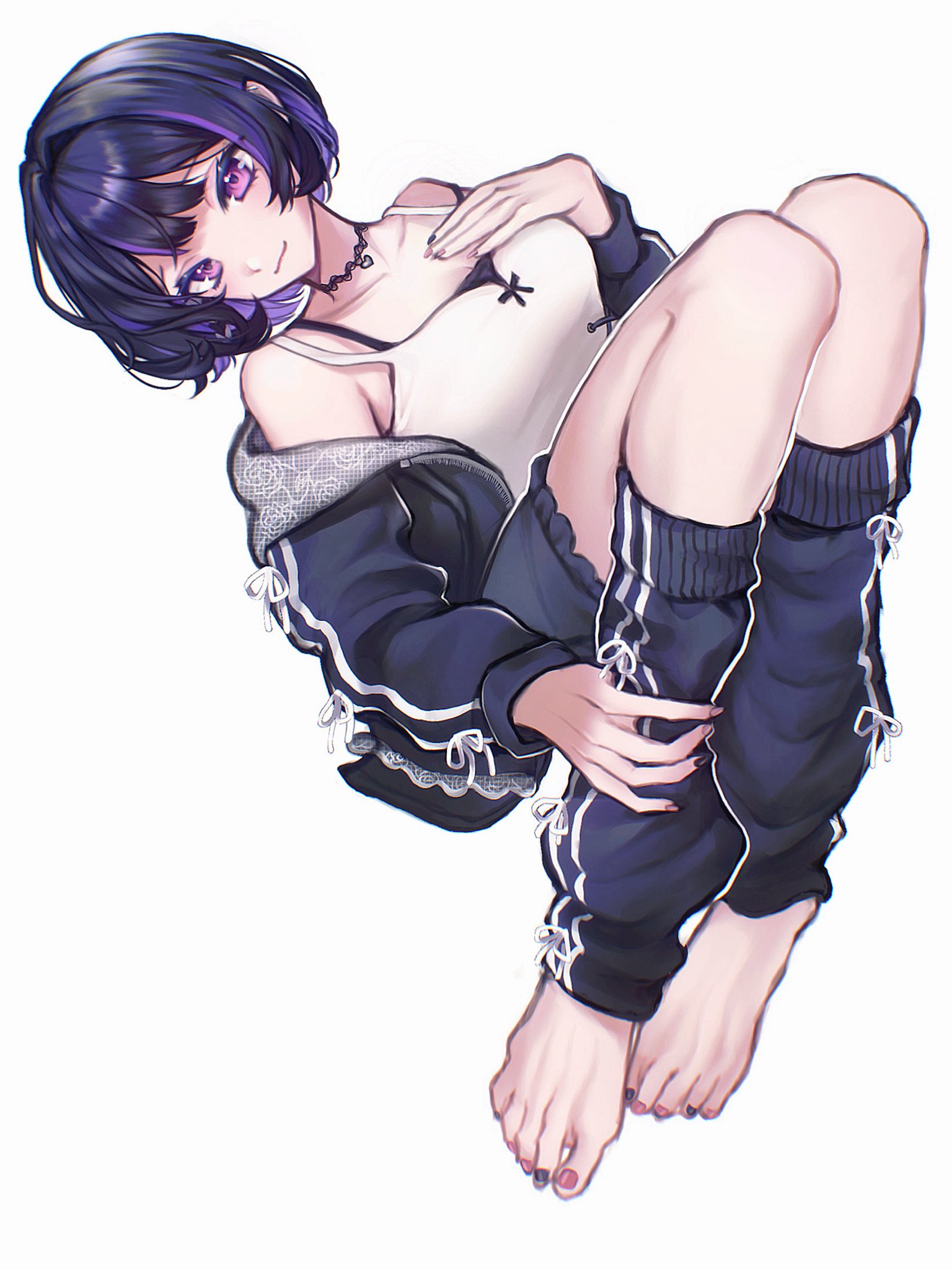 meloco kyoran, nijisanji, nijisanji en, hashtag-only commentary, highres, 1girl, barefoot, black nails, bloomers, bra strap, breasts, choker, collarbone, feet, full body, hand on own chest, jacket, lace, lace choker, leg warmers, light smile, looking at viewer, medium breasts, multicolored hair, multicolored nails, nail polish, off shoulder, pink nails, purple eyes, purple hair, short hair, simple background, solo, spaghetti strap, streaked hair, toenail polish, toenails, toes, underwear, virtual youtuber, white background, xiaomiao zzz