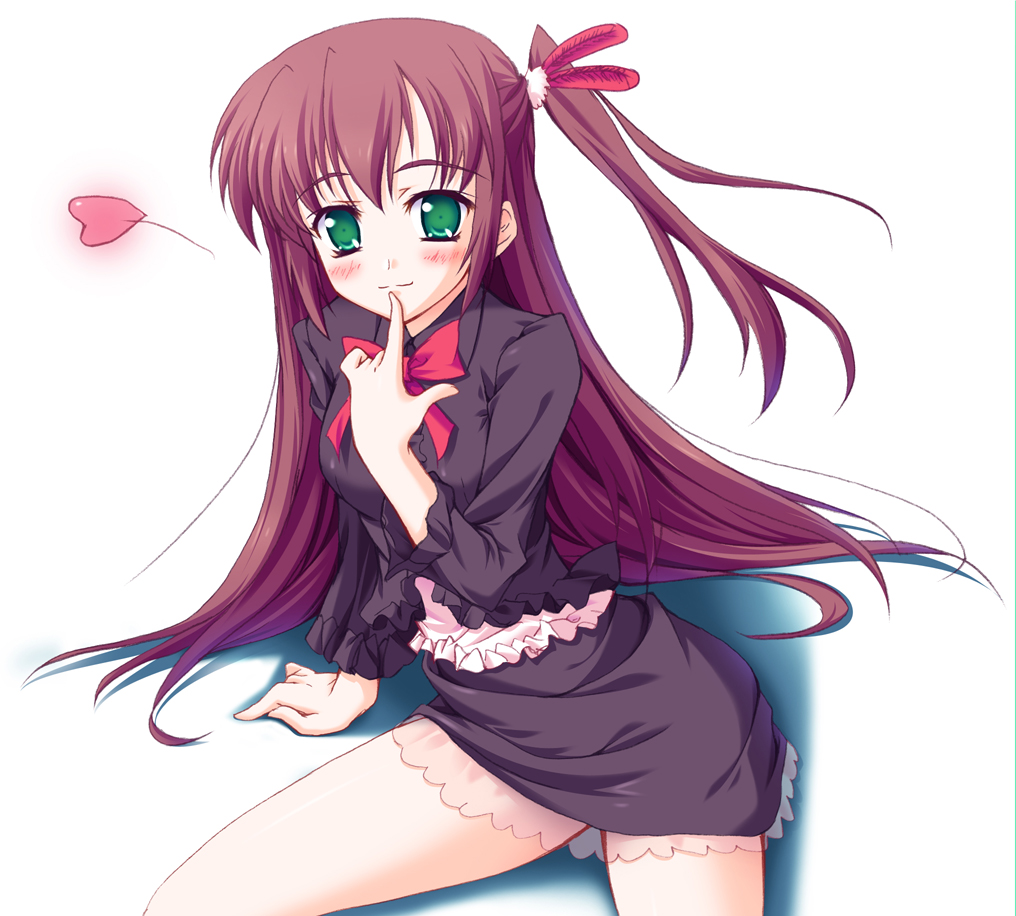 yuurei yashiki, original, bad id, bad pixiv id, blush, bow, brown hair, feathers, green eyes, heart, side ponytail, solo