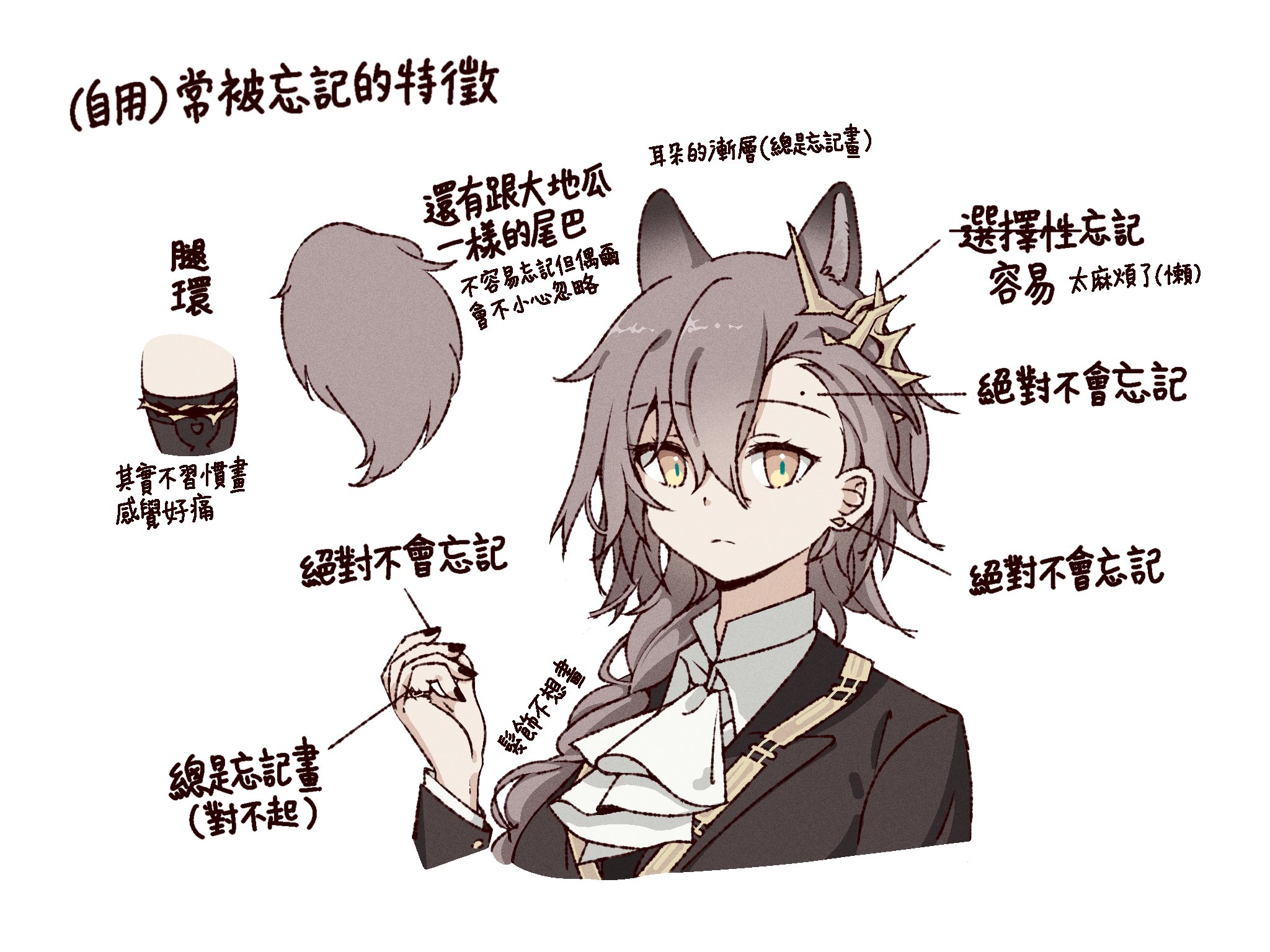 wqn0930, penance (arknights), arknights, commentary, english commentary, highres, translation request, 1girl, animal ears, ascot, black nails, brown hair, chinese text, closed mouth, cropped shoulders, fingernails, hair behind ear, hair between eyes, jewelry, long hair, long sleeves, looking at viewer, mole, mole above eye, nail polish, ring, solo, white ascot, white background, yellow eyes