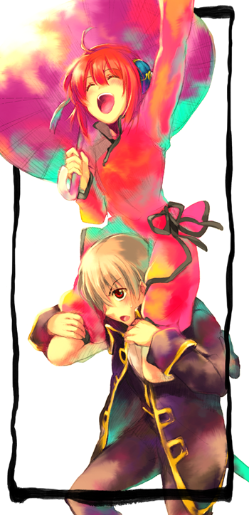 awa (awaawa), awa (moo), kagura (gintama), okita sougo, gintama, 00s, 1boy, 1girl, blonde hair, closed eyes, happy, red eyes, red hair, short hair, sitting on shoulder, umbrella