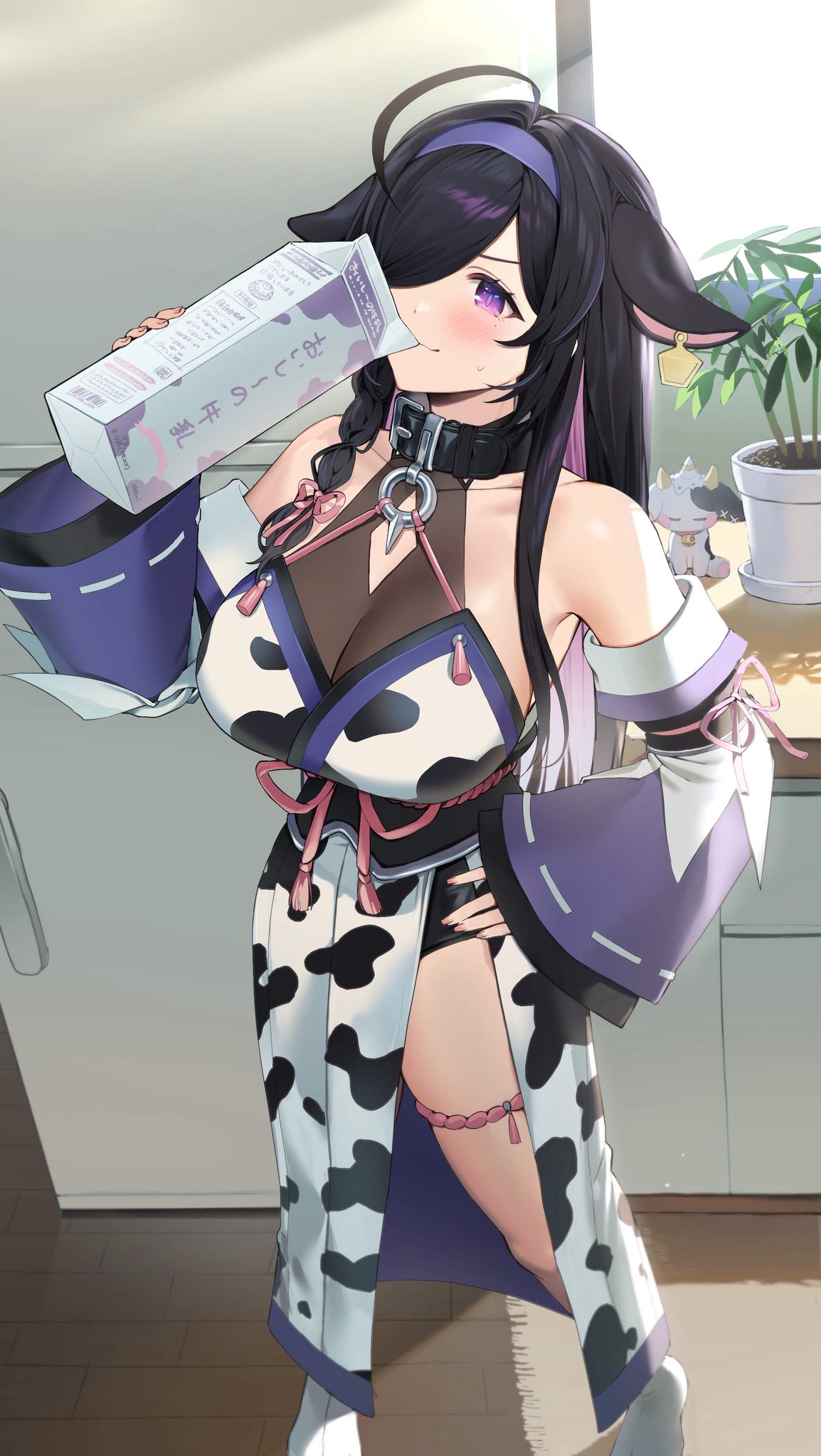yagyu shino, nijisanji, highres, 1girl, ahoge, animal ears, animal print, bare shoulders, belt collar, black collar, black hair, blush, braid, breasts, cleavage cutout, clothing cutout, collar, colored inner hair, cow ears, cow girl, cow print, cow tail, detached sleeves, drinking, ear tag, from above, full body, hair over one eye, hair ribbon, hairband, hand on own hip, holding, holding milk carton, isami mocochi, japanese clothes, kimono, kitchen, large breasts, legs apart, long hair, long sleeves, milk carton, mole, mole under eye, multicolored hair, obi, obijime, one eye covered, parted bangs, pink ribbon, plant, potted plant, print kimono, purple eyes, purple hair, purple hairband, purple sleeves, refrigerator, ribbon, ribbon-trimmed sleeves, ribbon trim, rug, sash, see-through cleavage, see-through clothes, side braid, side slit, sidelocks, single braid, smile, socks, solo, standing, streaked hair, stuffed animal, stuffed toy, sweatdrop, tabi, tail, tassel, thigh strap, virtual youtuber, white socks, wide sleeves, window, wooden floor