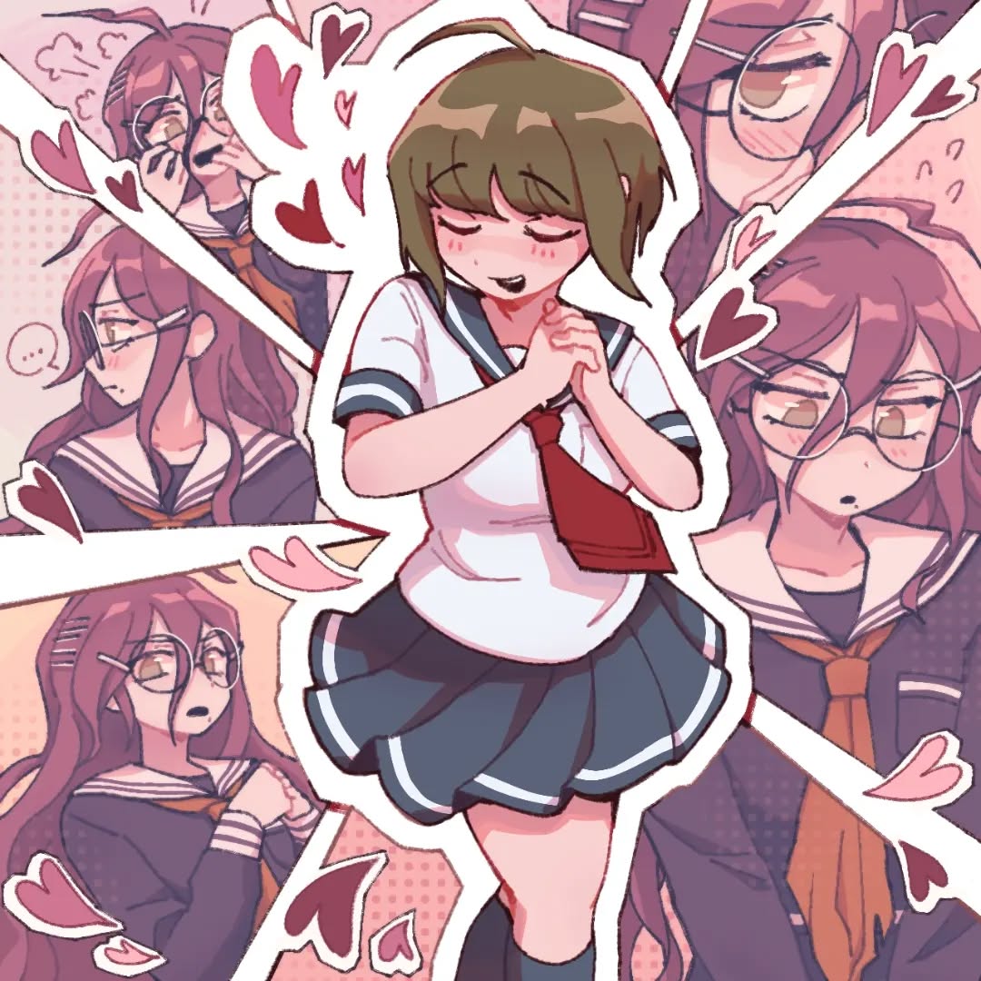 soupj4s, fukawa toko, naegi komaru, danganronpa (series), danganronpa another episode: ultra despair girls, commentary, english commentary, …, 2girls, ahoge, blue sailor collar, blue skirt, blush, breast pocket, closed eyes, closed mouth, collared shirt, dot nose, eyelashes, flying sweatdrops, glasses, green hair, hair between eyes, heart, long hair, long sleeves, mole, mole under mouth, multiple girls, multiple views, neckerchief, necktie, open mouth, outline, own hands together, pocket, purple eyes, purple hair, purple shirt, red neckerchief, red necktie, round eyewear, sailor collar, school uniform, serafuku, shirt, short hair, short sleeves, skirt, smile, speech bubble, spoken ellipsis, teeth, upper teeth only, white outline, white sailor collar, white shirt, yuri