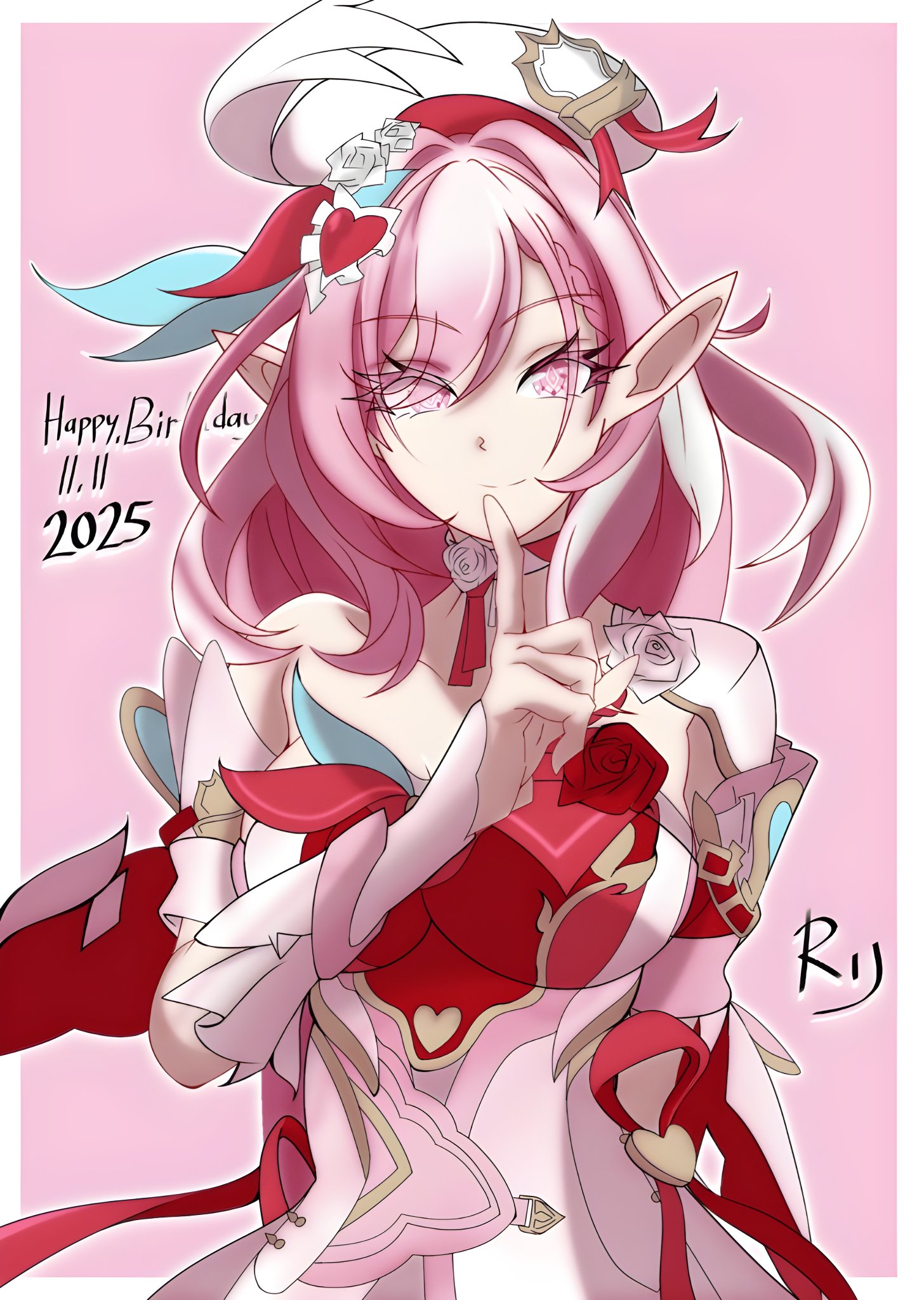 elysia (hi love elf) (honkai impact), elysia (honkai impact), honkai (series), honkai impact 3rd, bilingual commentary, commentary, english commentary, highres, mixed-language commentary, 1girl, beret, border, breasts, diamond-shaped pupils, diamond (shape), dress, elf, happy birthday, hat, large breasts, long hair, looking at viewer, multicolored hair, pink background, pink hair, pointy ears, purple eyes, red dress, rikolico00, solo, symbol-shaped pupils, two-tone hair, very long hair, white border, white dress, white hair