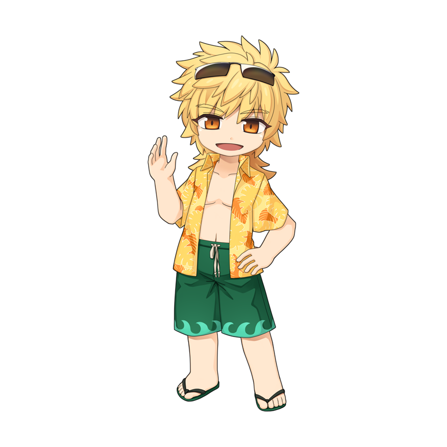 yuichirou, ragnarok online, official art, 1boy, blonde hair, chibi, chibi only, collared shirt, eyewear on head, flip-flops, full body, green male swimwear, green sandals, green swim trunks, hawaiian shirt, looking at viewer, male focus, male swimwear, maram (ragnarok online), open clothes, open mouth, open shirt, sandals, shirt, short hair, simple background, smile, solo, sunglasses, transparent background, waving, yellow shirt