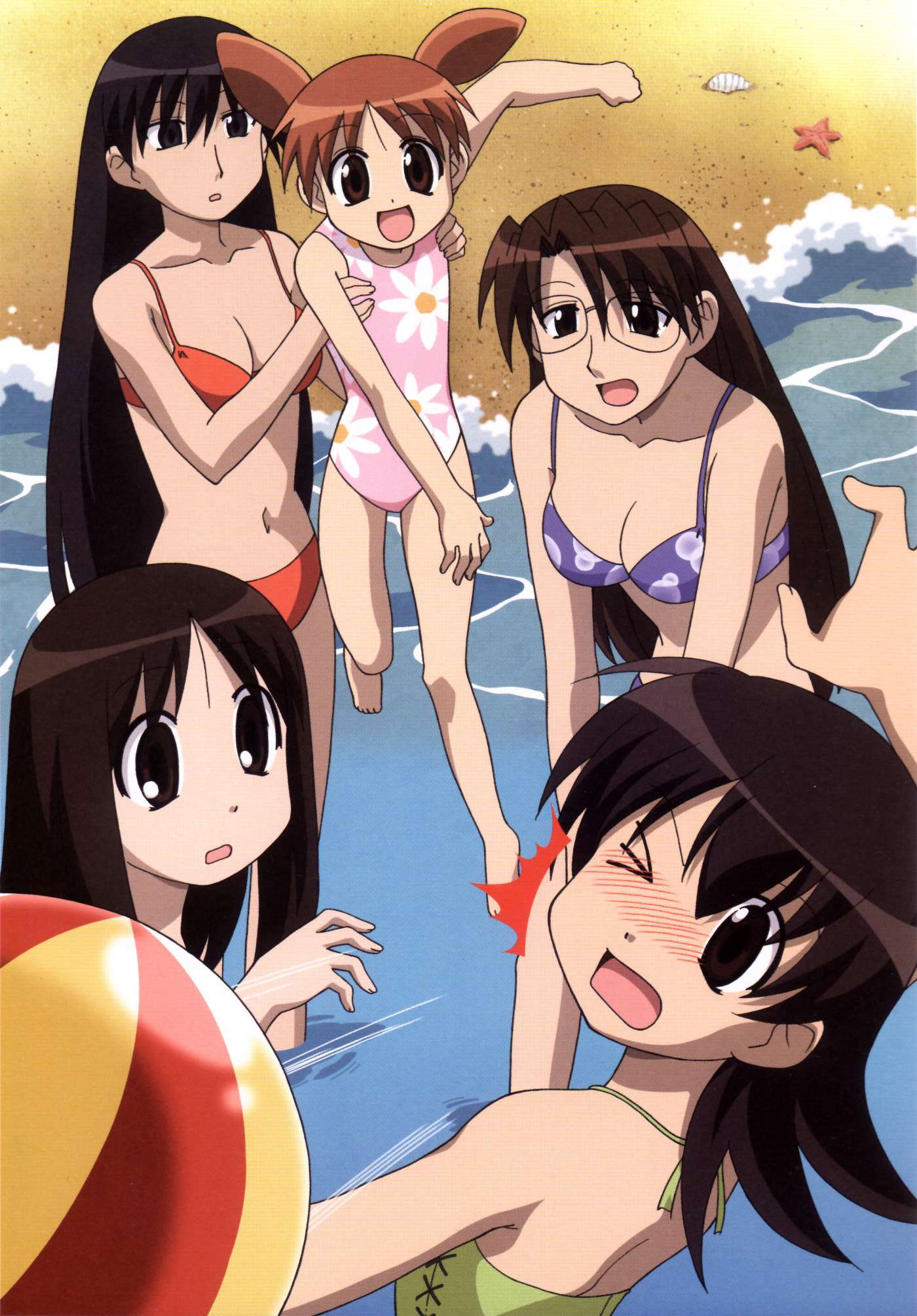 oguri hiroko, kasuga ayumu, mihama chiyo, mizuhara koyomi, sakaki (azumanga daioh), takino tomo, azumanga daiou, highres, official art, scan, 5girls, :d, :o, ;o, ^^^, age difference, ball, barefoot, beach, beachball, bikini, black eyes, black hair, blue bikini, blush, breasts, brown eyes, brown hair, carrying, casual one-piece swimsuit, child, cleavage, clenched hand, day, flat chest, flipped hair, floral print, glasses, green one-piece swimsuit, happy, large breasts, long hair, medium breasts, multiple girls, navel, nose blush, ocean, one-piece swimsuit, one eye closed, open mouth, orange hair, outdoors, parted bangs, pink one-piece swimsuit, print bikini, print swimsuit, red bikini, rimless eyewear, seashell, shell, short twintails, small breasts, smile, starfish, surprised, swimsuit, twintails, very long hair, wading, water