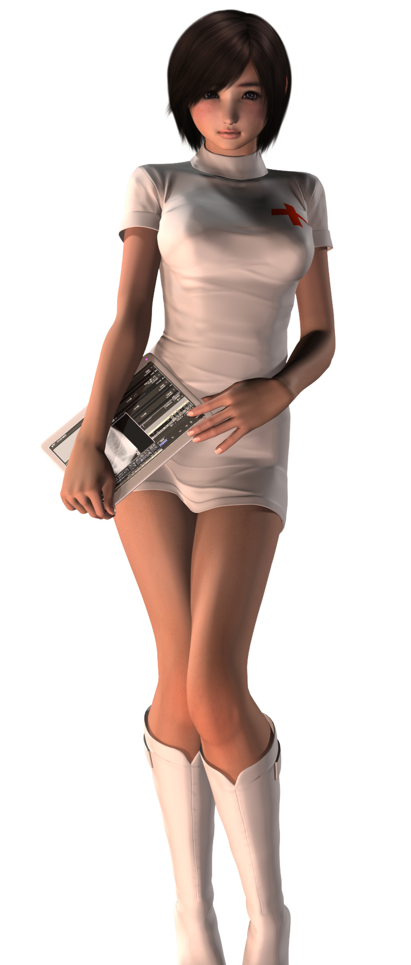 hinemaru, meiko (vocaloid), original, vocaloid, bad id, bad pixiv id, highres, 1girl, 3d, blush, boots, brown eyes, brown hair, female focus, knee boots, legs, nurse, realistic, short hair, solo