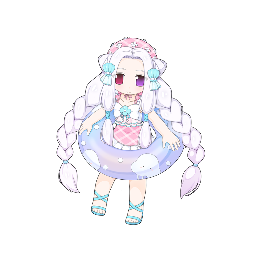 yuichirou, pope (ragnarok online), ragnarok online, official art, 1girl, blue sandals, braid, chibi, chibi only, closed mouth, cone hair bun, double bun, frilled one-piece swimsuit, frills, full body, hair bun, heterochromia, holding, holding swim ring, innertube, long hair, looking at viewer, one-piece swimsuit, pink one-piece swimsuit, purple eyes, red eyes, sandals, simple background, smile, solo, swim ring, swimsuit, transparent background, twin braids, very long hair, white hair