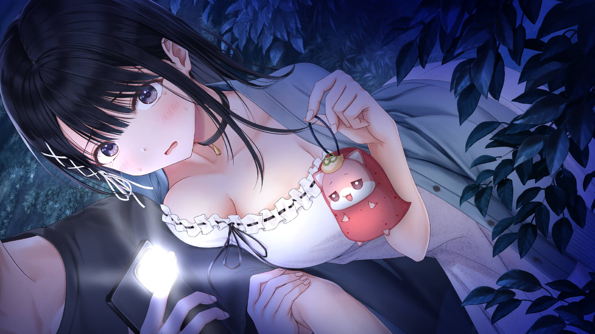 konomi yui, seifuku kanojo, seifuku kanojo 2, artist request, commentary request, highres, official art, 1boy, 1girl, arm hug, black choker, black eyes, black hair, black shirt, breast press, breasts, cellphone, choker, dress, dutch angle, grey jacket, holding, holding phone, jacket, large breasts, long hair, night, open mouth, phone, shirt, smartphone, solo focus, white dress