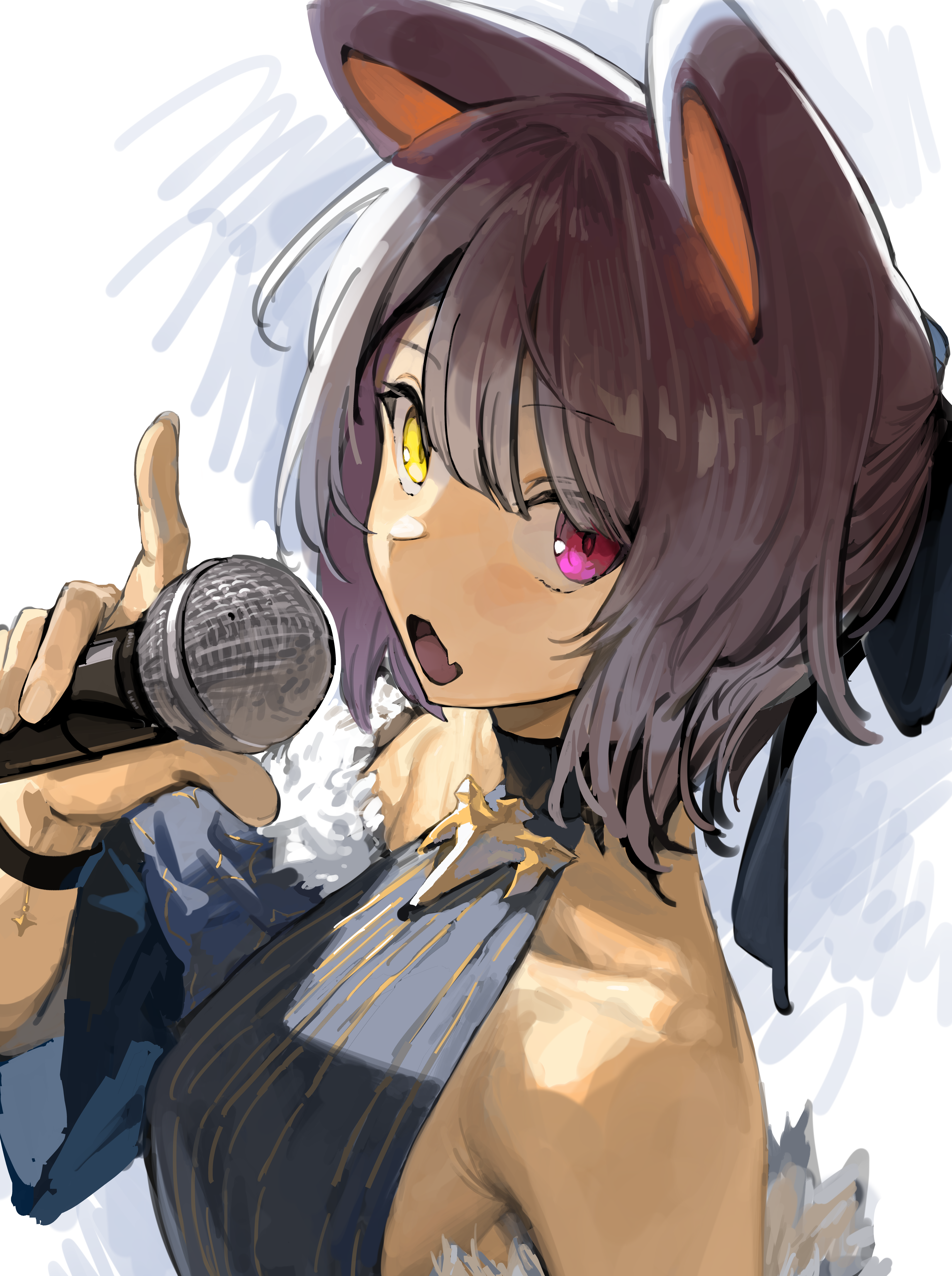 zxjv, inui toko, inui toko (nornis), nijisanji, absurdres, commentary request, highres, textless version, 1girl, animal ears, armpit crease, bare shoulders, blue bow, blue dress, blue sleeves, bow, bracelet, breasts, brown hair, collarbone, detached sleeves, dog ears, dress, fang, from side, fur-trimmed sleeves, fur trim, hair bow, halter dress, halterneck, hand up, heterochromia, holding, holding microphone, jewelry, looking at viewer, looking to the side, medium breasts, medium hair, microphone, open mouth, portrait, red eyes, short sleeves, skin fang, solo, virtual youtuber, white background, yellow eyes