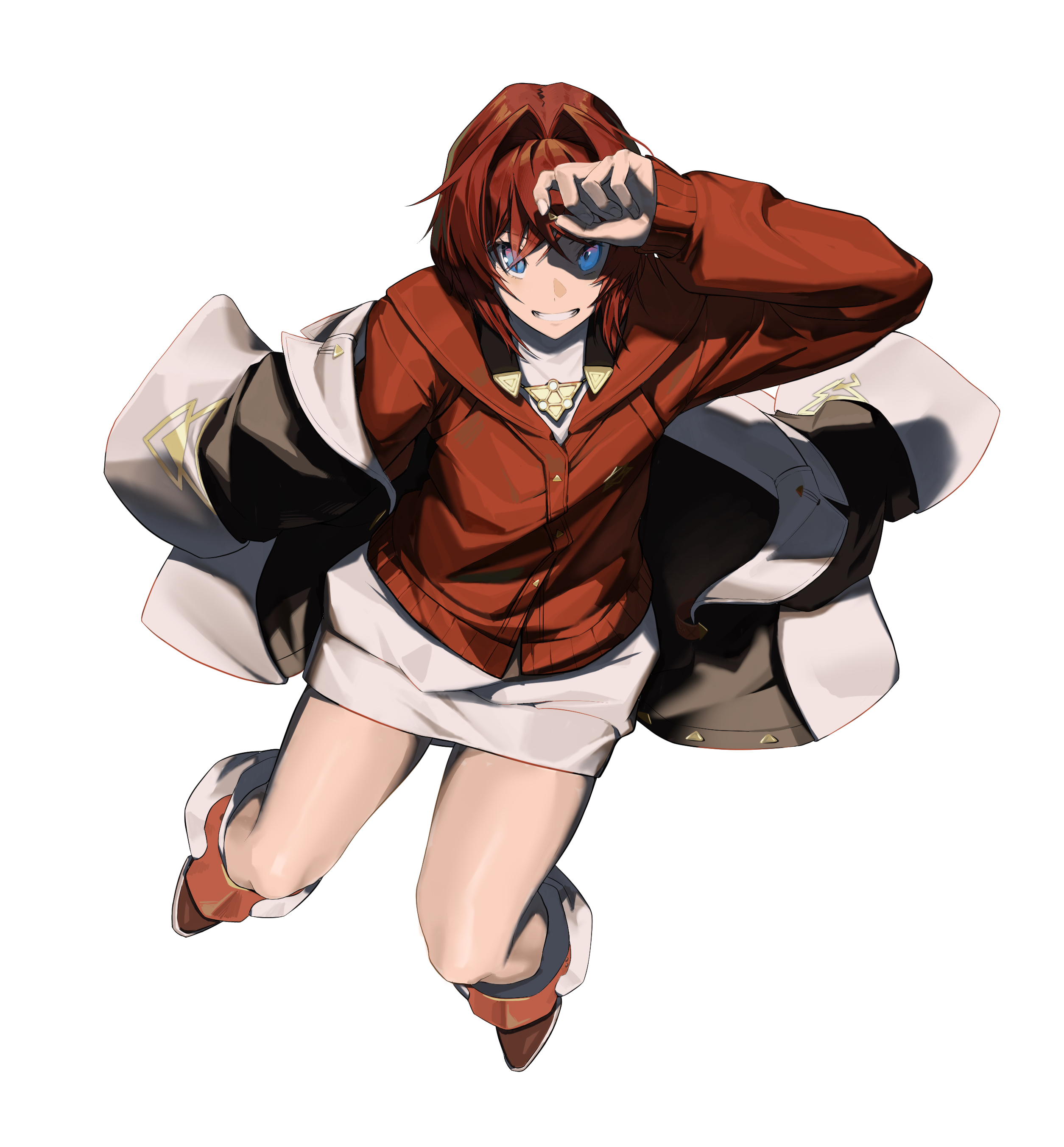 zxjv, ange katrina, ange katrina (1st costume), nijisanji, absurdres, commentary request, highres, 1girl, arm up, black coat, blue eyes, boots, cardigan, coat, coat partially removed, crossed bangs, dress, eyelashes, from above, full body, grin, hair intakes, holding, invisible chair, looking at viewer, looking up, medium hair, red cardigan, red hair, short dress, simple background, sitting, sleeves past wrists, smile, solo, virtual youtuber, white background, white dress