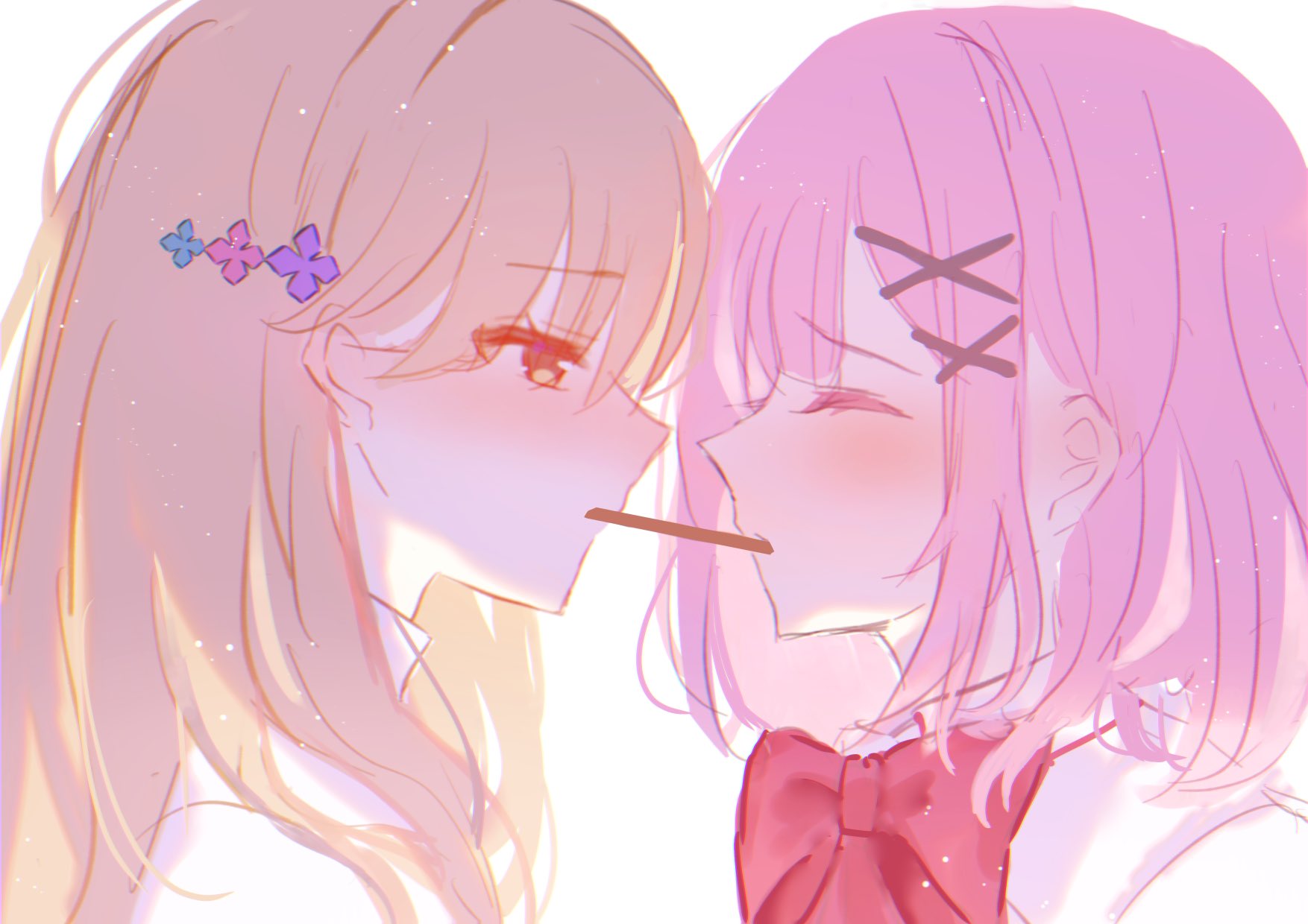 rikako0229, amaori renako, sena ajisai, watashi ga koibito ni nareru wake naijan murimuri!, commentary, highres, 2girls, bow, bowtie, brown eyes, brown hair, closed eyes, collared shirt, food, light particles, long hair, medium hair, multiple girls, pink hair, pocky, pocky day, pocky kiss, red bow, red bowtie, school uniform, shared food, shirt, white shirt, yuri