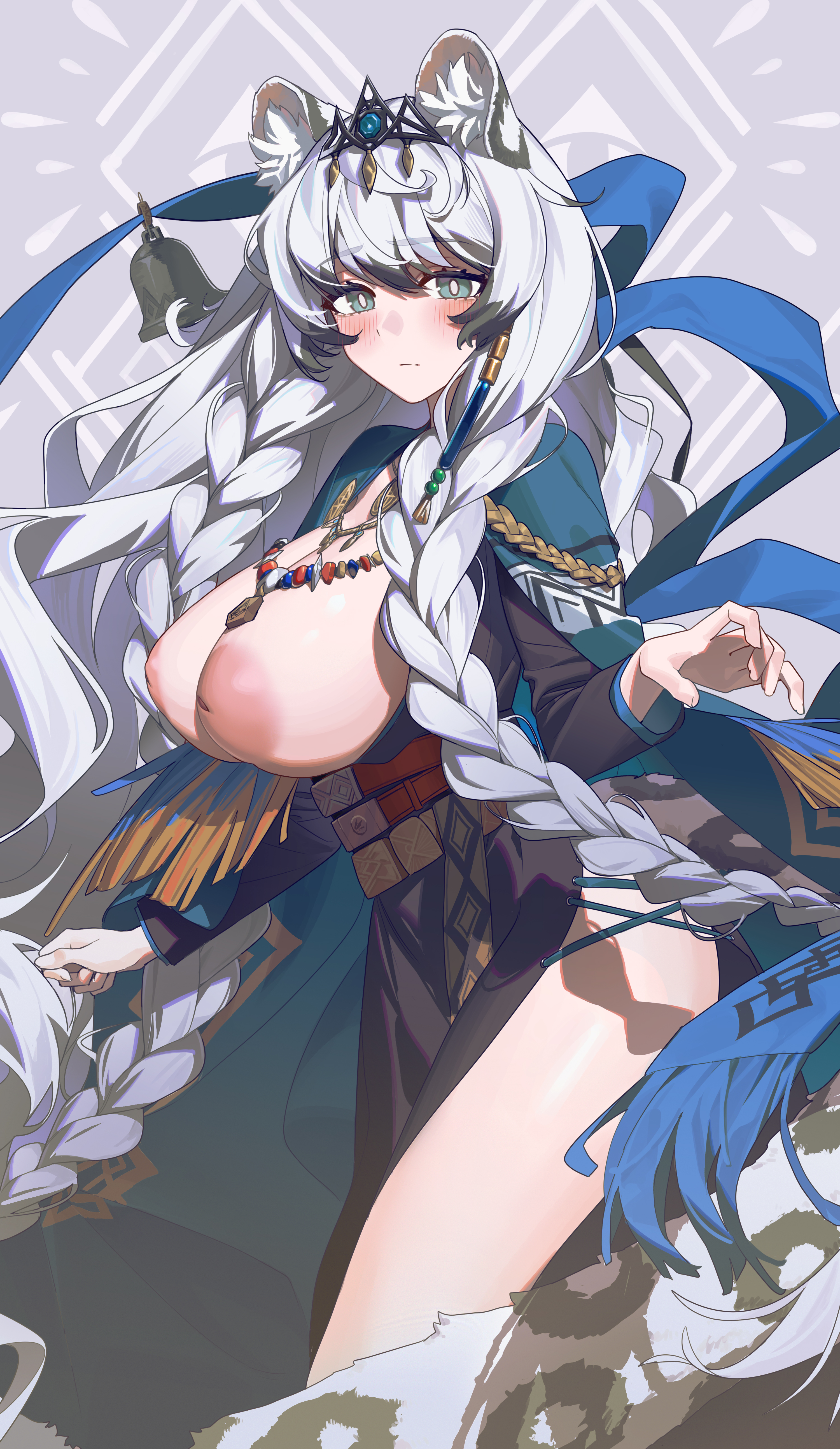 airseal, pramanix (arknights), arknights, absurdres, commentary, highres, 1girl, animal ear fluff, animal ears, bell, blush, braid, breasts, bright pupils, closed mouth, cowboy shot, green eyes, grey background, grey hair, grey tail, hair between eyes, hair ornament, inverted nipples, jewelry, large areolae, large breasts, long hair, long sleeves, looking at viewer, necklace, nipples, pramanix the prerita (arknights), solo, standing, tail, twin braids, very long hair, white pupils