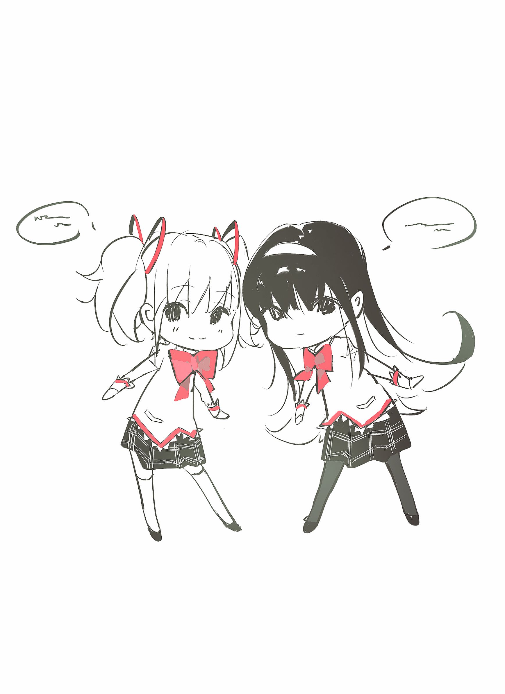 sijimao, akemi homura, kaname madoka, mahou shoujo madoka magica, mahou shoujo madoka magica (anime), chinese commentary, commentary request, highres, 2girls, bow, bowtie, chibi, closed mouth, collared shirt, colored inner hair, expressionless, greyscale, hair between eyes, hair ribbon, hairband, happy, heads together, high collar, juliet sleeves, lace, lace-trimmed shirt, lace-trimmed sleeves, lace trim, legs apart, light blush, light frown, long hair, long sleeves, looking at viewer, miniskirt, mitakihara school uniform, monochrome, multicolored hair, multiple girls, pantyhose, plaid clothes, plaid skirt, pleated skirt, pocket, puffy sleeves, red bow, red bowtie, red ribbon, ribbon, school uniform, shirt, shoes, short hair, short twintails, sidelocks, simple background, skirt, sleeve cuffs, smile, speech bubble, spot color, standing, straight hair, talking, thighhighs, twintails, very long hair, white background, zettai ryouiki