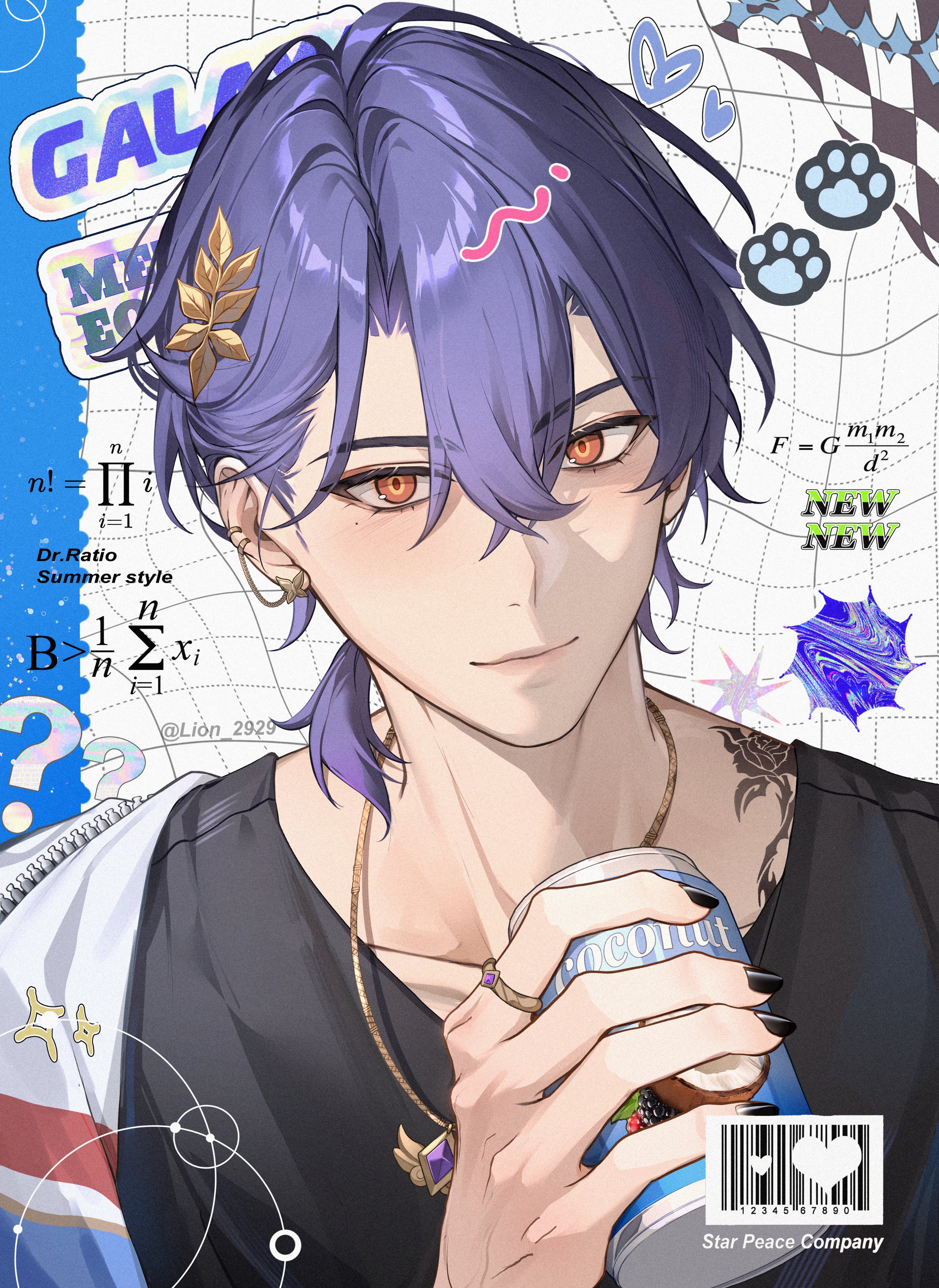 lion 2929, dr. ratio (honkai: star rail), honkai: star rail, honkai (series), absurdres, highres, 1boy, black nails, black shirt, can, closed mouth, earrings, hair between eyes, hair ornament, holding, holding can, jewelry, long hair, male focus, necklace, orange eyes, purple hair, ring, shirt, short hair, shoulder tattoo, simple background, solo, tattoo