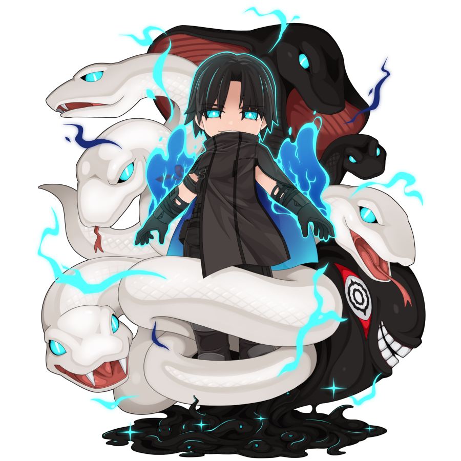 yuichirou, ragnarok online, official art, 1boy, aura, black gloves, black hair, black pants, blue eyes, chibi, chibi only, cobra (animal), full body, gloves, glowing, glowing eyes, grey cloak, looking at viewer, male focus, open mouth, pants, simple background, snake, solo, tan (ragnarok online), transparent background, white snake