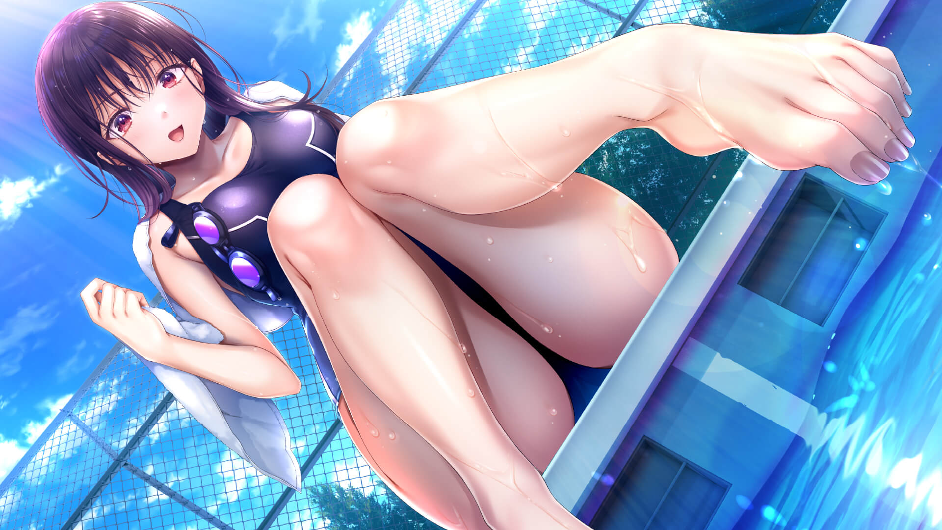 momojiri serika, seifuku kanojo, seifuku kanojo 2, artist request, commentary request, highres, official art, 1girl, black hair, blue sky, competition swimsuit, day, dutch angle, feet, goggles, holding, holding towel, looking at viewer, one-piece swimsuit, open mouth, outdoors, poolside, purple-tinted eyewear, red eyes, sitting, sky, solo, swimsuit, tinted eyewear, toes, towel, unworn goggles, water, wet
