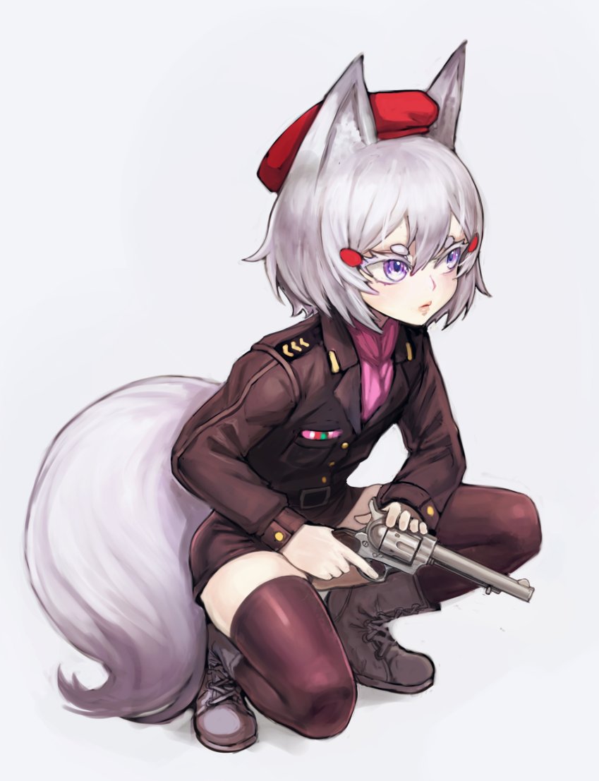 sussynano, revolver ocelot, tenma maemi, metal gear (series), metal gear solid 3: snake eater, phase connect, 1girl, alternate costume, animal ear fluff, animal ears, belt, beret, black thighhighs, boots, cosplay, fox ears, fox girl, fox tail, gun, hair between eyes, hair ornament, hat, holding, holding gun, holding weapon, kneeling, military, military uniform, purple eyes, revolver ocelot (cosplay), simple background, skirt, solo, spetsnaz, tail, thighhighs, virtual youtuber, weapon, white background, white hair