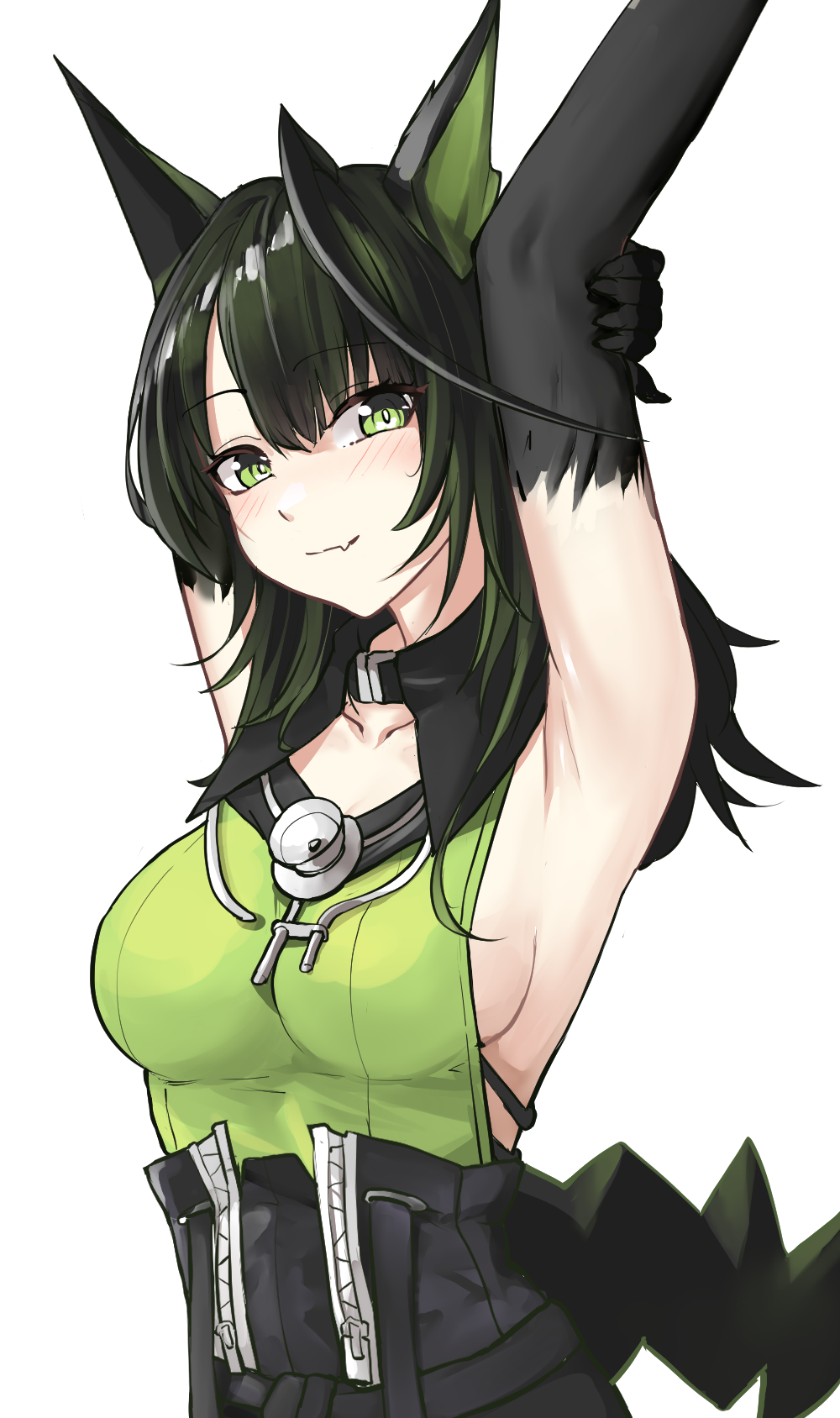 neti (cpu11151), mon3tr (arknights), arknights, chinese commentary, commentary request, highres, 1girl, ahoge, arms up, bare arms, black hair, blush, breasts, closed mouth, collarbone, green eyes, green hair, hair between eyes, huge ahoge, medium breasts, medium hair, multicolored hair, outstretched arm, sideboob, simple background, sleeveless, smile, solo, streaked hair, stretching, tail, upper body, white background