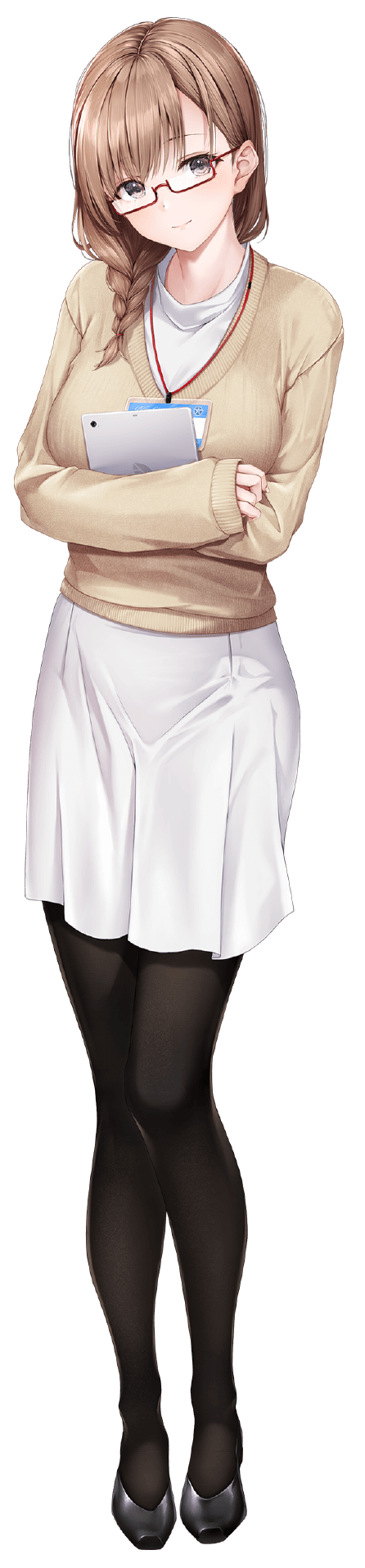 seifuku kanojo, seifuku kanojo 2, artist request, highres, long image, official art, tall image, 1girl, black pantyhose, black shoes, braid, brown cardigan, brown hair, cardigan, closed mouth, dress, full body, glasses, hugging object, id card, koga nozomi, looking at viewer, pantyhose, rectangular eyewear, red-framed eyewear, semi-rimless eyewear, shoes, simple background, smile, solo, standing, tablet pc, tachi-e, transparent background, under-rim eyewear, white dress