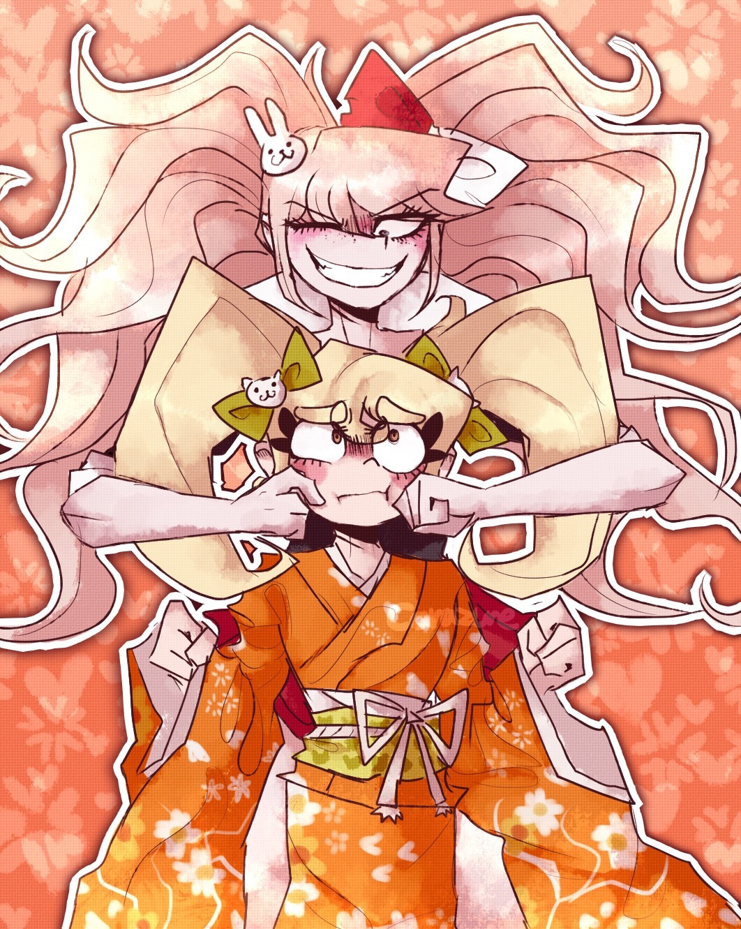 enoshima junko, ikusaba mukuro, saionji hiyoko, danganronpa: trigger happy havoc, danganronpa (series), danganronpa 2: goodbye despair, commentary, derivative work, english commentary, highres, 2girls, big hair, blonde hair, blush, blush stickers, bow, cosplay, enoshima junko (cosplay), eyelashes, floral print, floral print kimono, frown, green bow, grin, hair bow, hair ornament, japanese clothes, kimono, long hair, multiple girls, obi, official art redraw, one eye closed, orange eyes, orange kimono, outline, print kimono, rabbit hair ornament, sash, school uniform, sleeves rolled up, smile, teeth, twintails, two-tone bow, white outline, yellow eyes, zurabyte