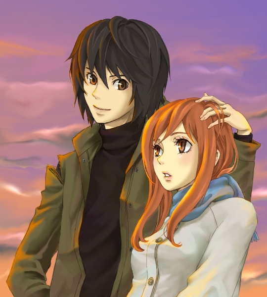hyaku, morimi saki, takizawa akira, higashi no eden, 00s, black hair, blush, brown eyes, brown hair, headpat, long hair, orange hair, scarf