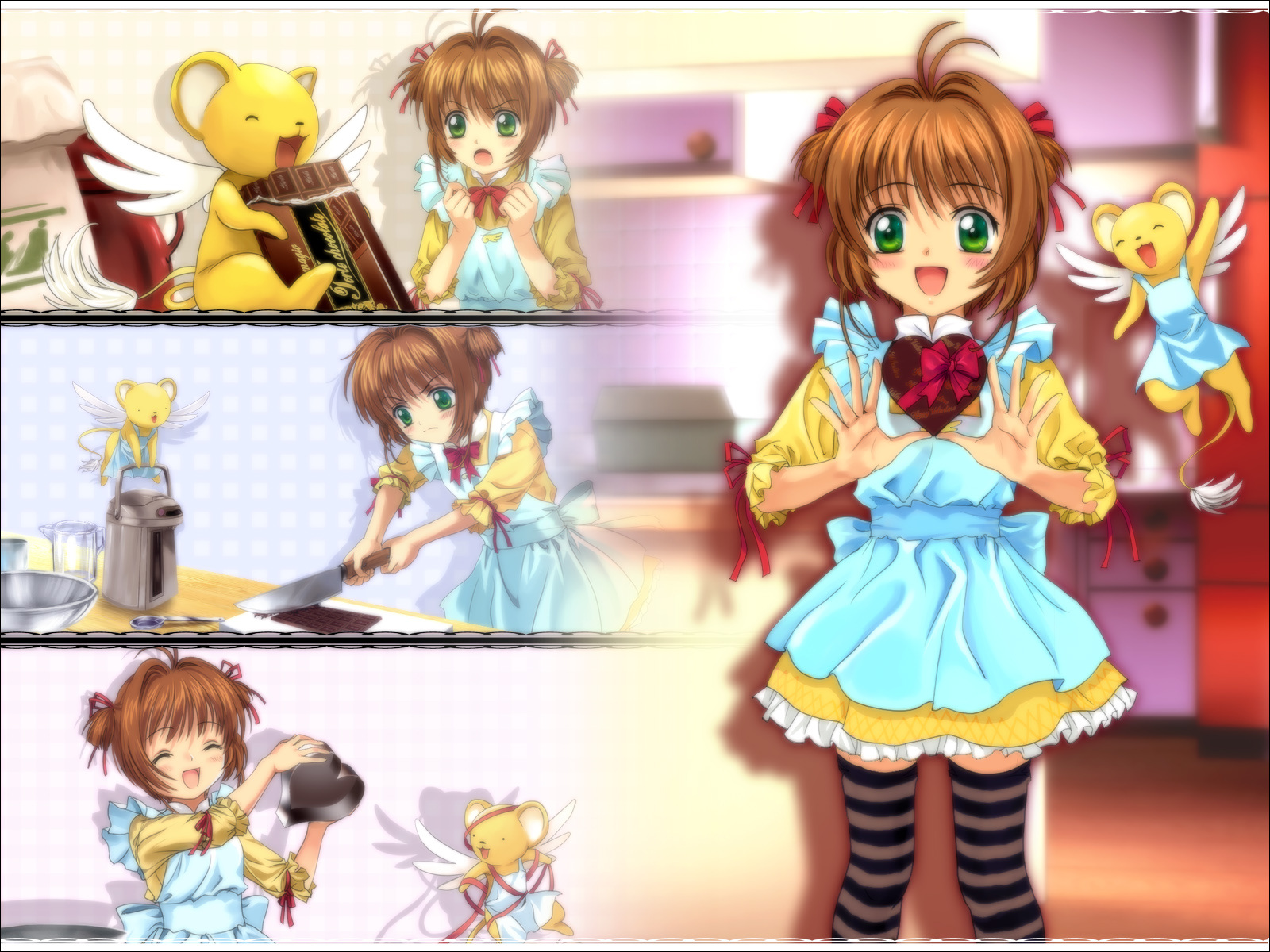mutsuki (moonknives), kero (cardcaptor sakura), kinomoto sakura, cardcaptor sakura, kodansha, striped legwear, highres, 1990s (style), apron, brown hair, child, chocolate, cooking, frills, green eyes, heart, retro artstyle, short hair, striped clothes, striped thighhighs, thighhighs, valentine