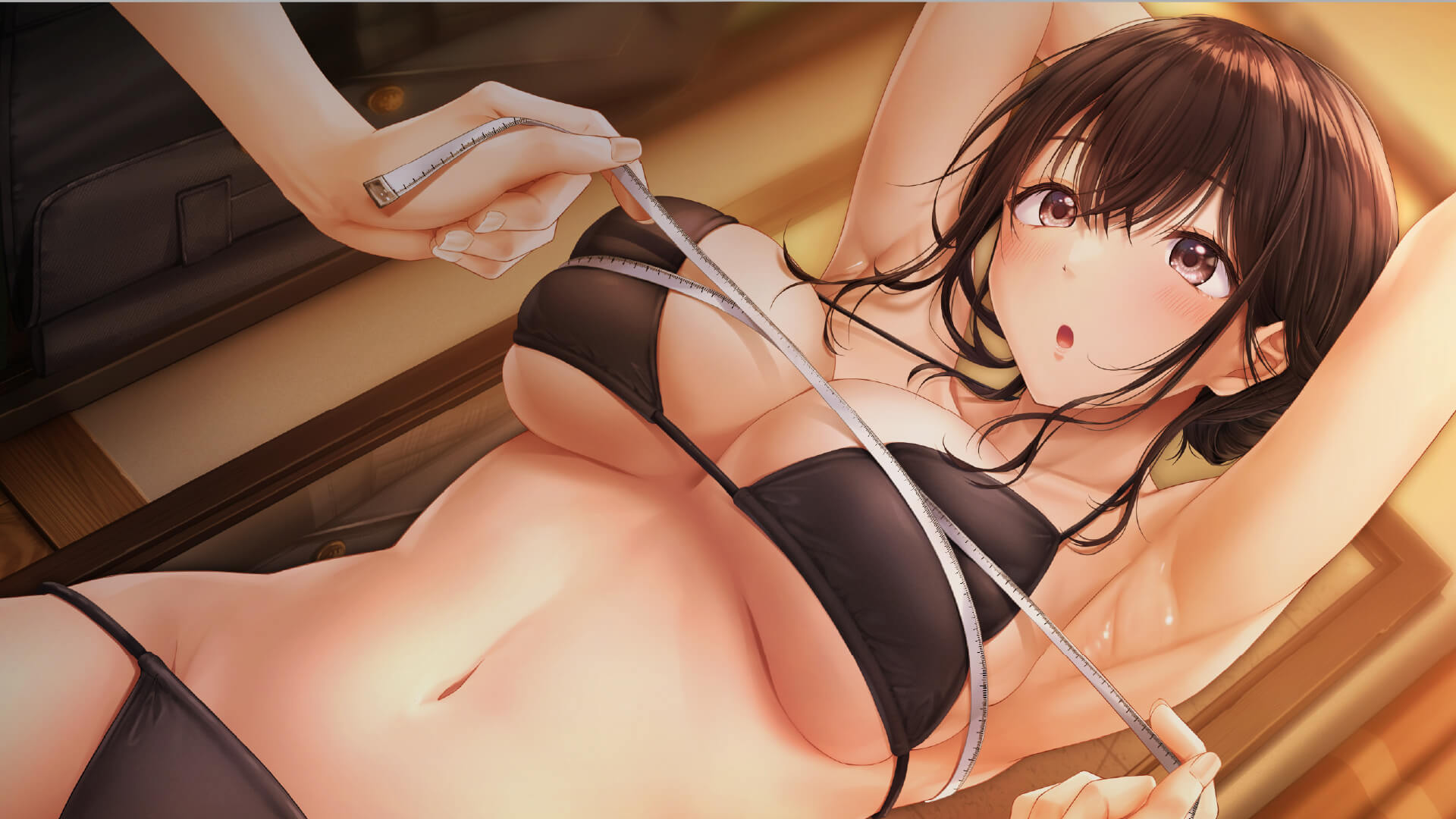 seifuku kanojo, seifuku kanojo 2, artist request, commentary request, highres, official art, 1girl, 1other, armpits, arms up, bikini, black bikini, breasts, brown eyes, brown hair, bust measuring, dutch angle, holding tape measure, indoors, large breasts, measuring, navel, open mouth, solo focus, stomach, swimsuit, yahiro mio