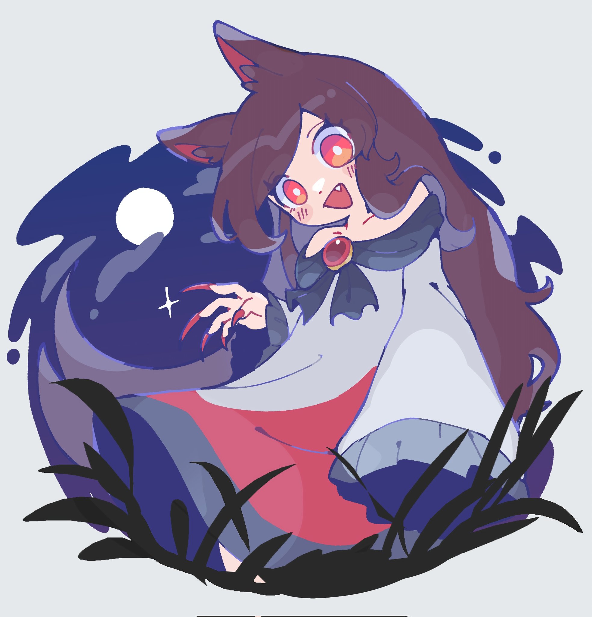 ikururu, imaizumi kagerou, touhou, commentary, highres, symbol-only commentary, 1girl, animal ears, bare shoulders, brooch, brown hair, cloud, cloudy sky, dark foreground, dress, fang, fingernails, full moon, jewelry, long fingernails, long hair, long sidelocks, long sleeves, monster girl, moon, nail polish, night, night sky, off-shoulder dress, off shoulder, open mouth, red eyes, red nails, sidelocks, sky, sleeves past fingers, sleeves past wrists, solo, sparkle, wolf ears, wolf girl