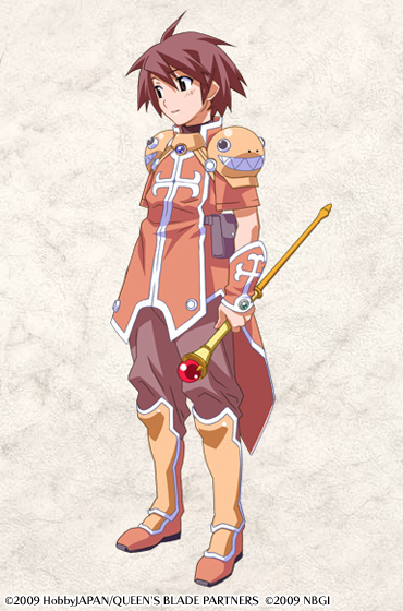 watanabe akio, jean (queen's blade), queen's blade, queen's blade spiral chaos, official art, 00s, 1boy, boots, brown eyes, brown hair, male focus, shota, shoulder pads, solo, staff, surcoat, wizard