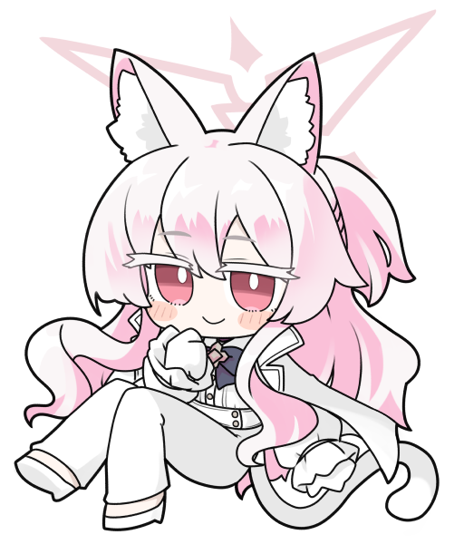 miranofuudoria, akira (blue archive), blue archive, commentary request, partial commentary, 1girl, animal ear fluff, animal ears, blush stickers, chibi, closed mouth, colored eyelashes, formal clothes, full body, gloves, hair between eyes, halo, high heels, jacket, long hair, long sleeves, pant suit, pants, pink hair, ponytail, puffy long sleeves, puffy sleeves, red eyes, shirt, shoes, simple background, sleeves past wrists, smile, solo, suit, tail, very long hair, white background, white gloves, white jacket, white pants, white shirt, white shoes