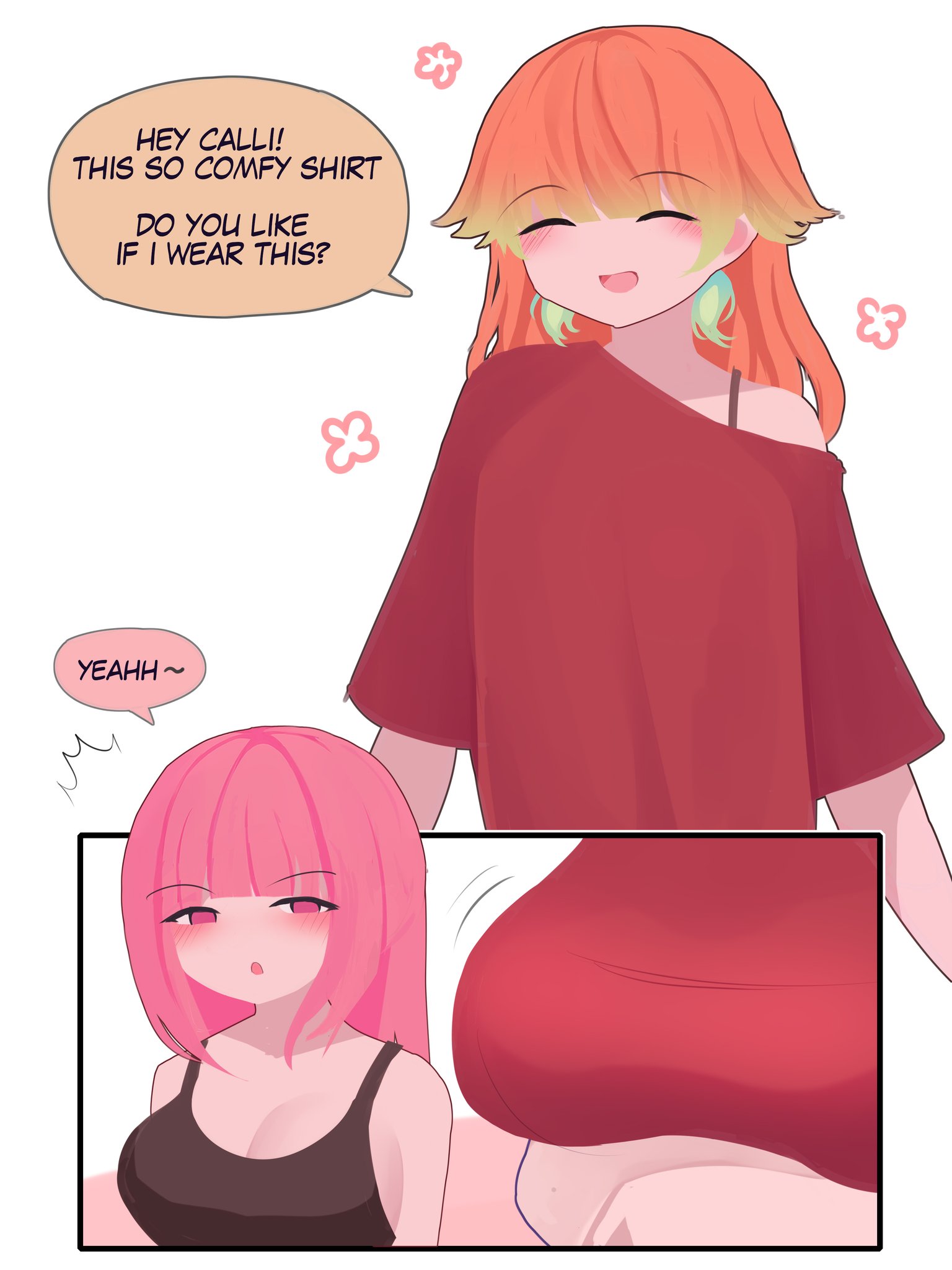 viqur, mori calliope, takanashi kiara, hololive, hololive english, highres, 2girls, alternate costume, bare shoulders, blush, breasts, couple, earrings, feather earrings, feathers, female pervert, jewelry, large breasts, long hair, multicolored hair, multiple girls, open mouth, pervert, pink hair, simple background, virtual youtuber, white background, wife and wife, yuri