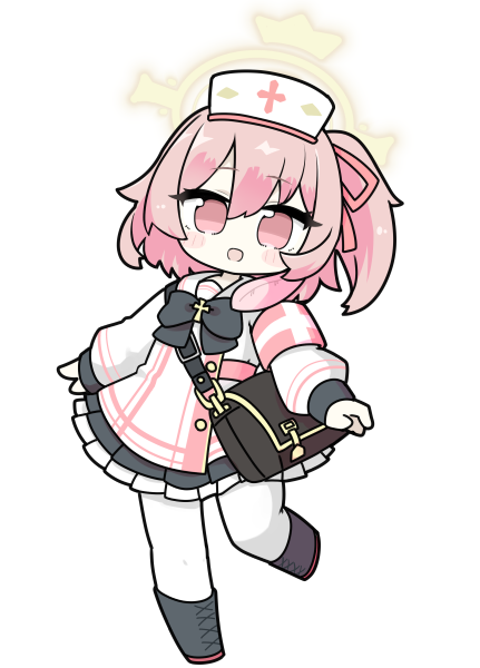 miranofuudoria, serina (blue archive), blue archive, commentary request, partial commentary, 1girl, :d, armband, bag, black boots, black bow, black skirt, blush stickers, boots, bow, chibi, dress, frilled skirt, frills, full body, gloves, hair between eyes, halo, hat, lace-up boots, long sleeves, looking at viewer, nurse, nurse cap, one side up, open mouth, pantyhose, pink eyes, pink hair, pleated skirt, puffy long sleeves, puffy sleeves, shoulder bag, simple background, skirt, smile, solo, standing, standing on one leg, white background, white dress, white gloves, white hat, white pantyhose