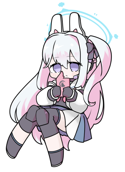 miranofuudoria, miyako (blue archive), blue archive, commentary request, partial commentary, 1girl, :o, black boots, black bow, blue skirt, blush stickers, boots, bow, cellphone, full body, grey hair, hair bow, halo, headgear, headset, holding, holding phone, knee pads, knees together feet apart, long sleeves, looking at viewer, one side up, parted lips, phone, pink hair, pleated skirt, puffy long sleeves, puffy sleeves, purple eyes, sailor collar, school uniform, serafuku, shirt, simple background, skirt, solo, white background, white sailor collar, white shirt