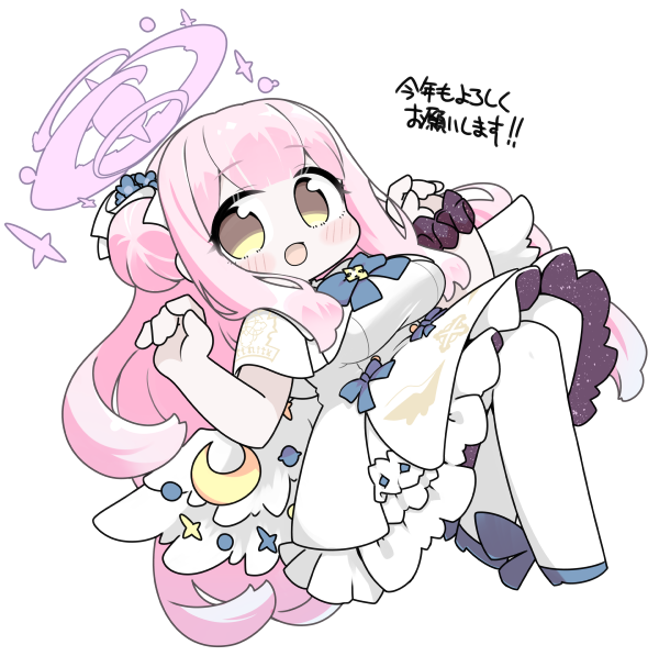 miranofuudoria, mika (blue archive), blue archive, commentary request, partial commentary, translation request, 1girl, :d, blue bow, blue shoes, blush stickers, bow, breasts, brown eyes, capelet, chibi, crescent, dress, feathered wings, full body, hair bun, halo, hands up, high heels, large breasts, long hair, low wings, open mouth, pantyhose, pink hair, shoes, simple background, single side bun, smile, solo, very long hair, white background, white capelet, white dress, white pantyhose, white wings, wings