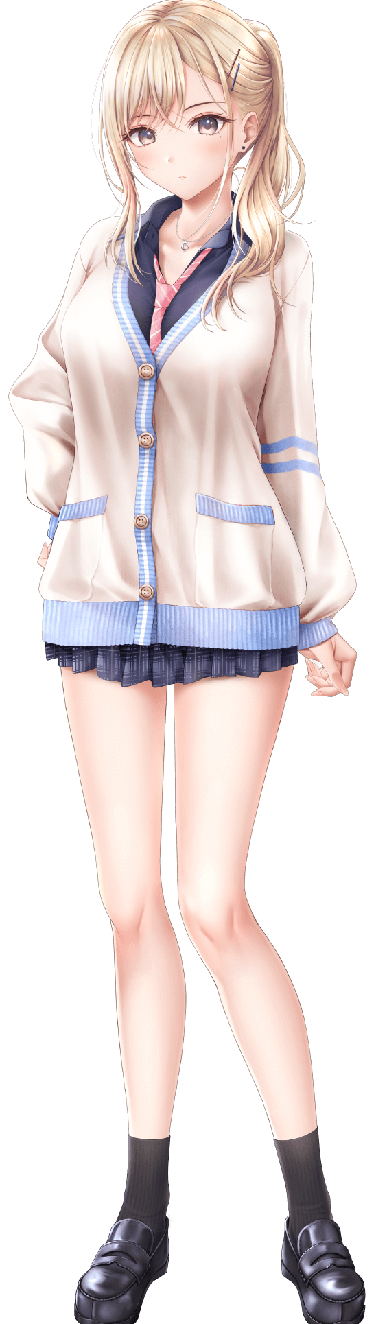 seifuku kanojo, seifuku kanojo 2, artist request, highres, official art, 1girl, black shirt, black shoes, black skirt, black socks, blonde hair, brown cardigan, brown eyes, cardigan, closed mouth, earrings, expressionless, full body, hair ornament, hairclip, hand on own hip, jewelry, loafers, long sleeves, looking at viewer, miniskirt, necktie, pink necktie, pleated skirt, ponytail, school uniform, shirt, shoes, simple background, skirt, socks, solo, standing, transparent background, yahiro misa