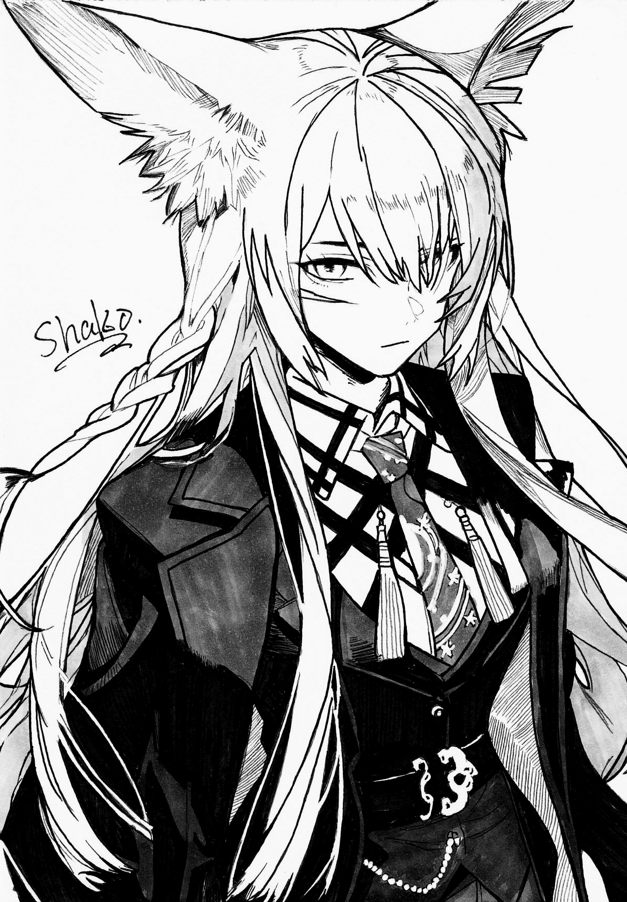 shako xc, vulpisfoglia (arknights), arknights, absurdres, chinese commentary, commentary, highres, 1girl, animal ears, closed mouth, collared shirt, facial scar, greyscale, hair between eyes, hatching (texture), jacket, jacket on shoulders, lapels, linear hatching, long hair, looking at viewer, monochrome, necktie, scar, scar on cheek, scar on face, shirt, signature, simple background, solo, star (symbol), tassel, upper body, white background