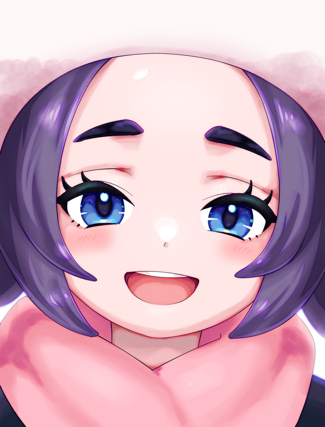 aurelius (pvxj4842), ansha (pokemon), nintendo, pokemon, pokemon legends: z-a, highres, mixed-language commentary, 1girl, :d, blue eyes, eyelashes, happy, hat, looking at viewer, open mouth, pink hat, pink scarf, portrait, scarf, short hair, smile, solo, teeth, tongue, upper teeth only