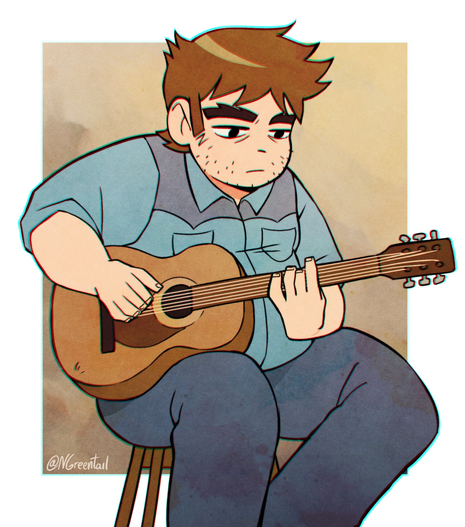 nifast (greentail), stephen stills, scott pilgrim (series), scott pilgrim takes off, highres, 1boy, bara, brown hair, chair, expressionless, facial hair, feet out of frame, forked eyebrows, guitar, holding, holding guitar, holding instrument, instrument, looking down, male focus, medium sideburns, music, on chair, pants, playing instrument, short hair, sideburns stubble, sitting, solo, sparse stubble, stubble, thick eyebrows