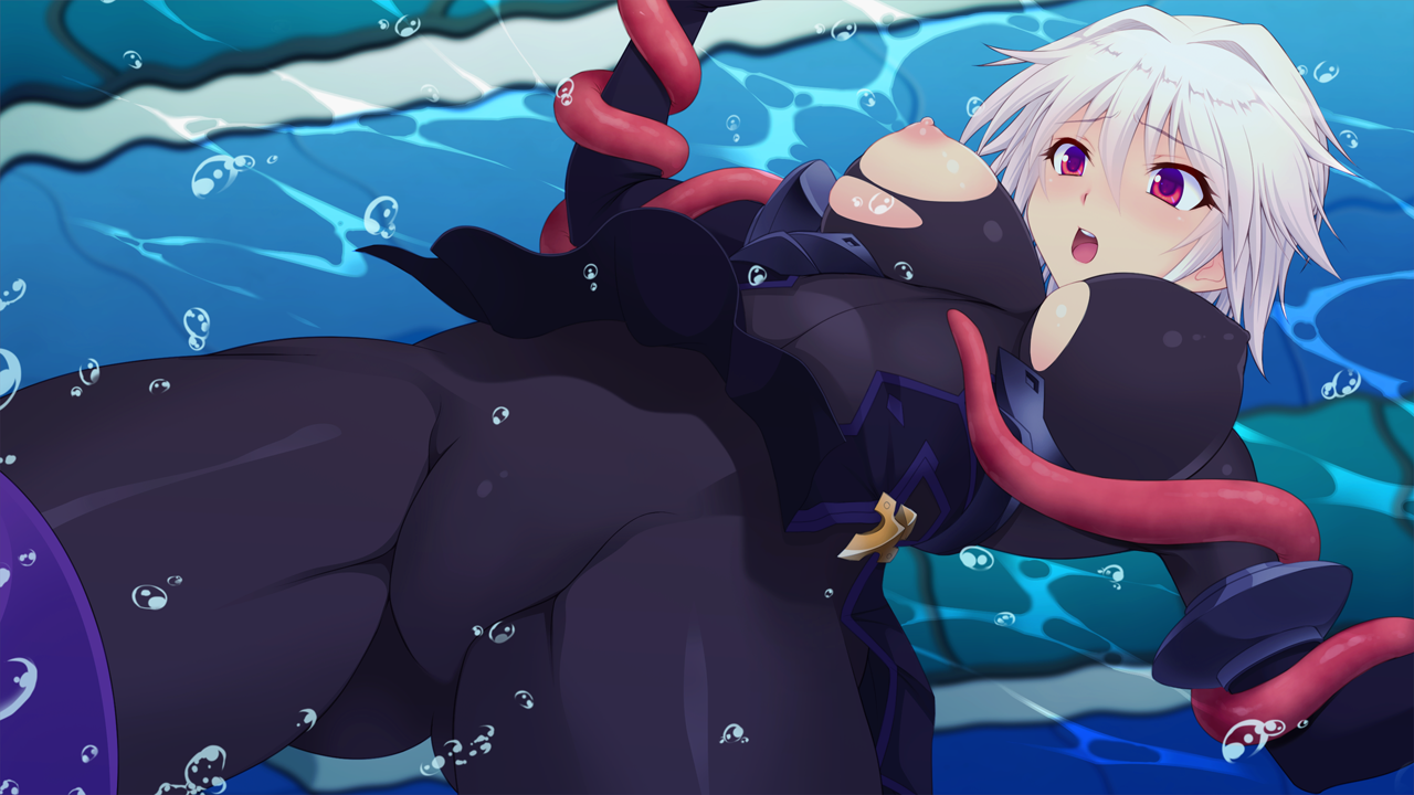 saitou natsuki, suhamaya, kourin tenshi en ciel rena, game cg, large variant set, non-web source, official art, variant set, 1girl, air bubble, arisia hellioxenes, blush, bodysuit, breasts, bubble, large breasts, nipples, open mouth, purple eyes, red eyes, restrained, short hair, solo, tentacles, torn bodysuit, torn clothes, underwater, white hair