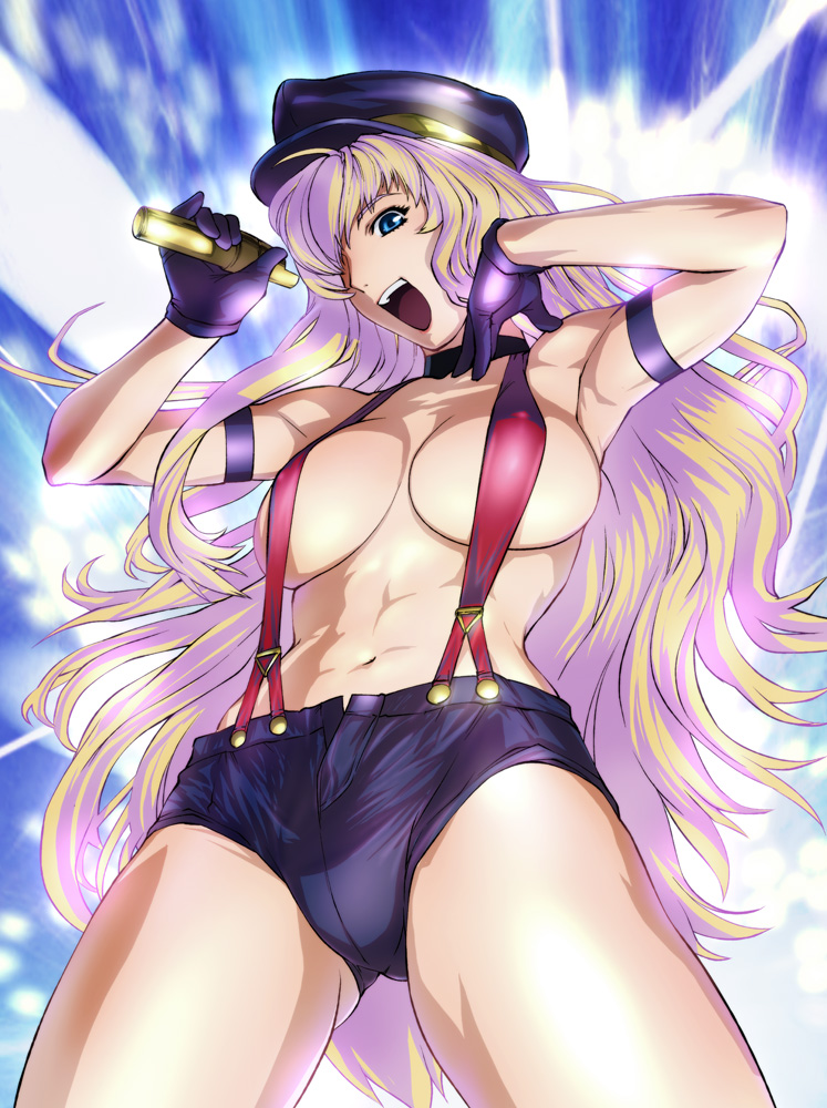 ueyama michirou, sheryl nome, macross, macross frontier, 00s, 1girl, armpits, blue eyes, breasts, female focus, gloves, hair over one eye, hat, large breasts, long hair, microphone, multicolored hair, naked suspenders, navel, peaked cap, revealing clothes, short shorts, shorts, smile, solo, suspenders, topless female, very long hair
