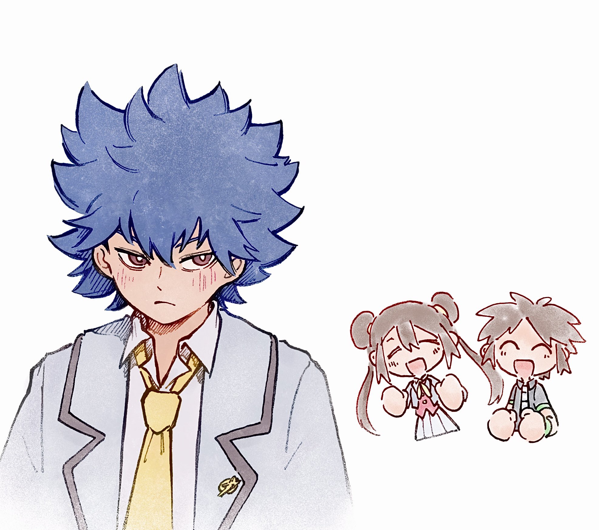 tan carbonnn, hugh (pokemon), nate (pokemon), rosa (academy) (pokemon), rosa (pokemon), nintendo, pokemon, pokemon bw2, pokemon masters ex, commentary request, highres, 1girl, 2boys, :d, ^ ^, black hair, blush, bright pupils, brown eyes, brown hair, chibi, closed eyes, closed mouth, collared shirt, double bun, grey jacket, hair bun, hugh (academy) (pokemon), jacket, multiple boys, necktie, official alternate costume, open clothes, open jacket, open mouth, shirt, short hair, simple background, smile, twintails, white background, white pupils, white shirt, yellow necktie